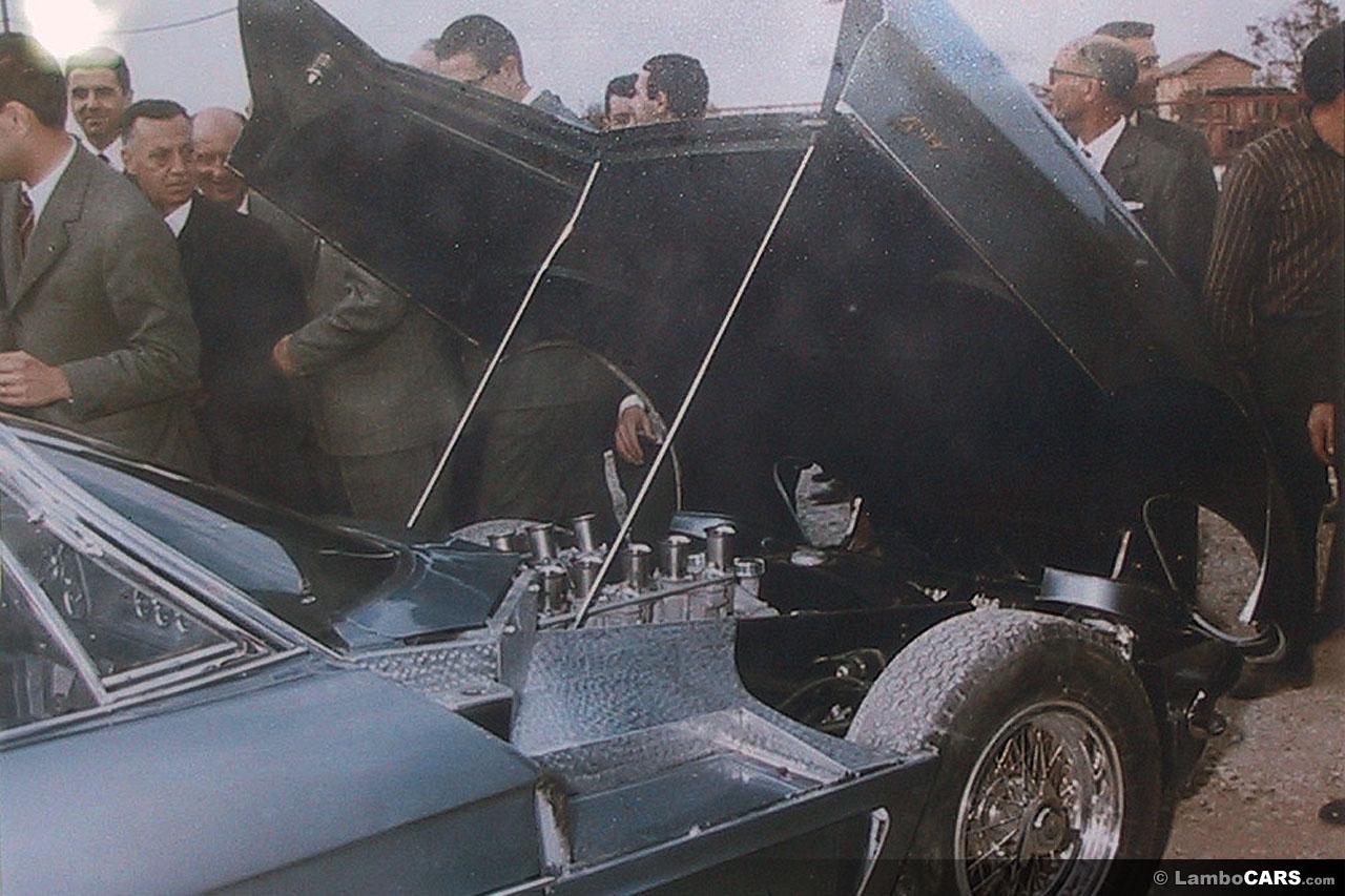 Open clamshell hood showing Lamborghini 350 GTV engine