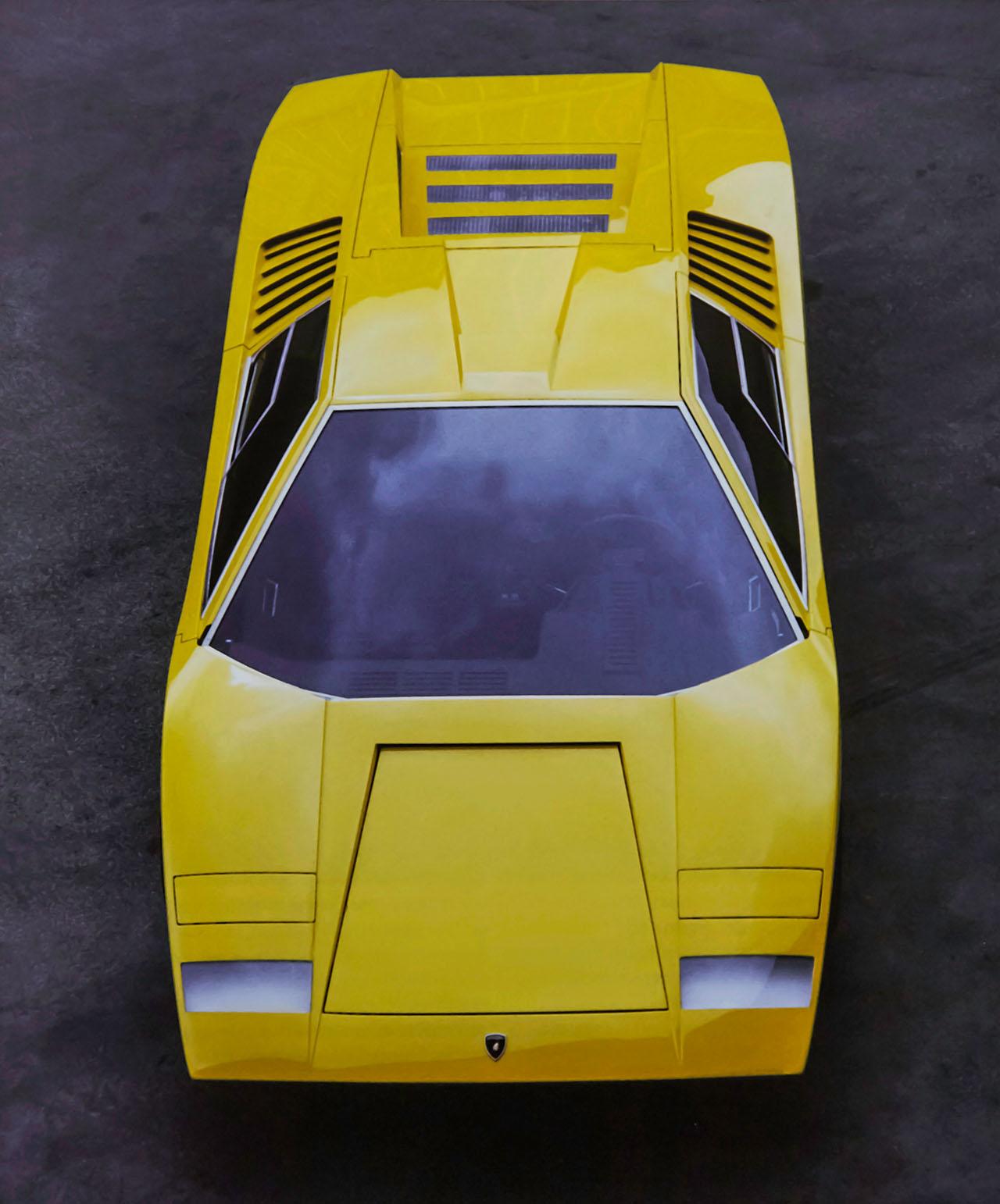Top down view of a yellow countach prototype