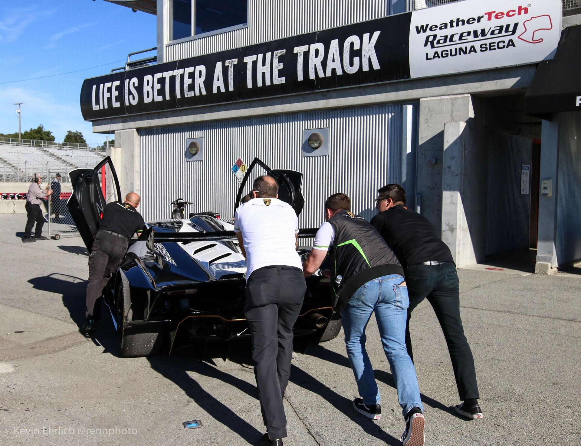 Crew pushing Lamborghini Essenza SCV12 at Velocity Invitational 2021