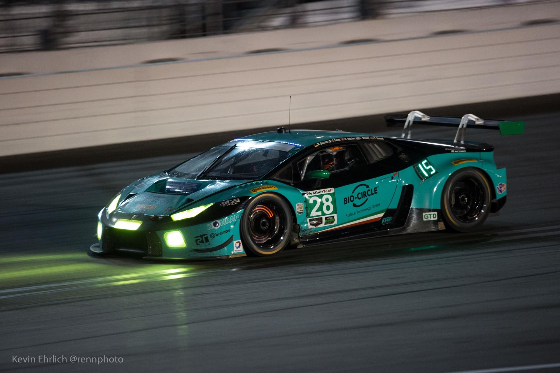 Green lamborghini on track at 2016 24 hours of daytona