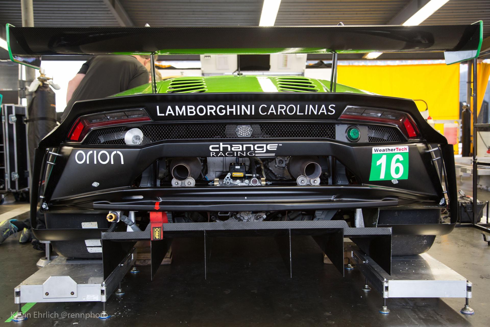 Rear end of green Lamborghini car preparing for 2016 24 Hours of Daytona
