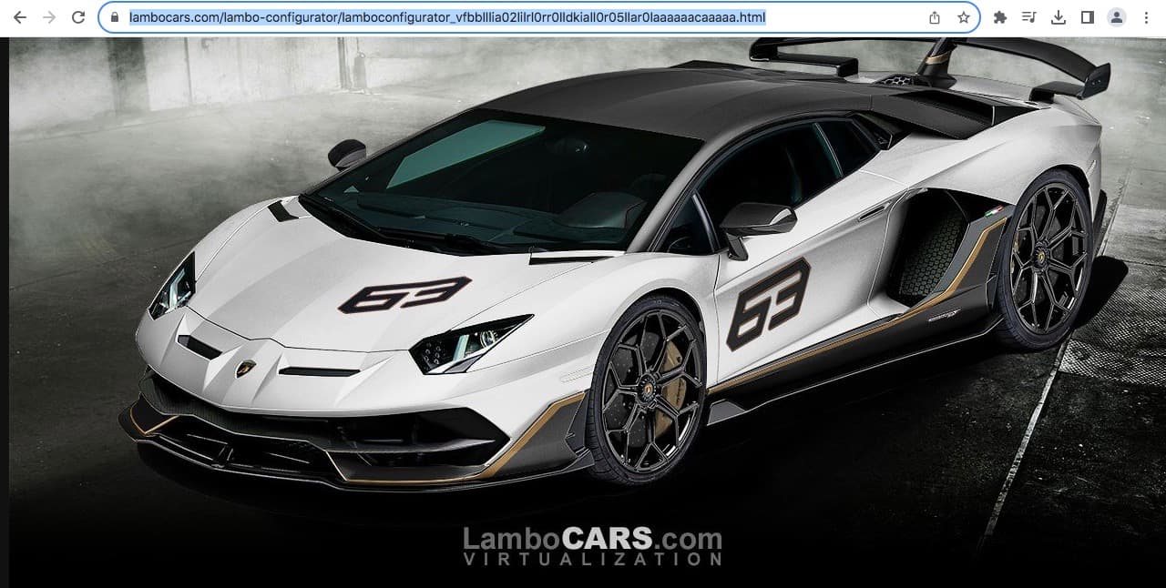 A white Lamborghini Aventador SVJ 63 Roadster with a black roof and gold accents, featuring the '63' livery, presented as a configurator render.
