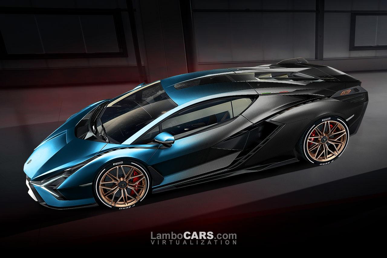 Lamborghini Sian FKP 37 in a striking metallic blue and exposed carbon fiber finish, showcasing its aggressive design and lightweight construction.