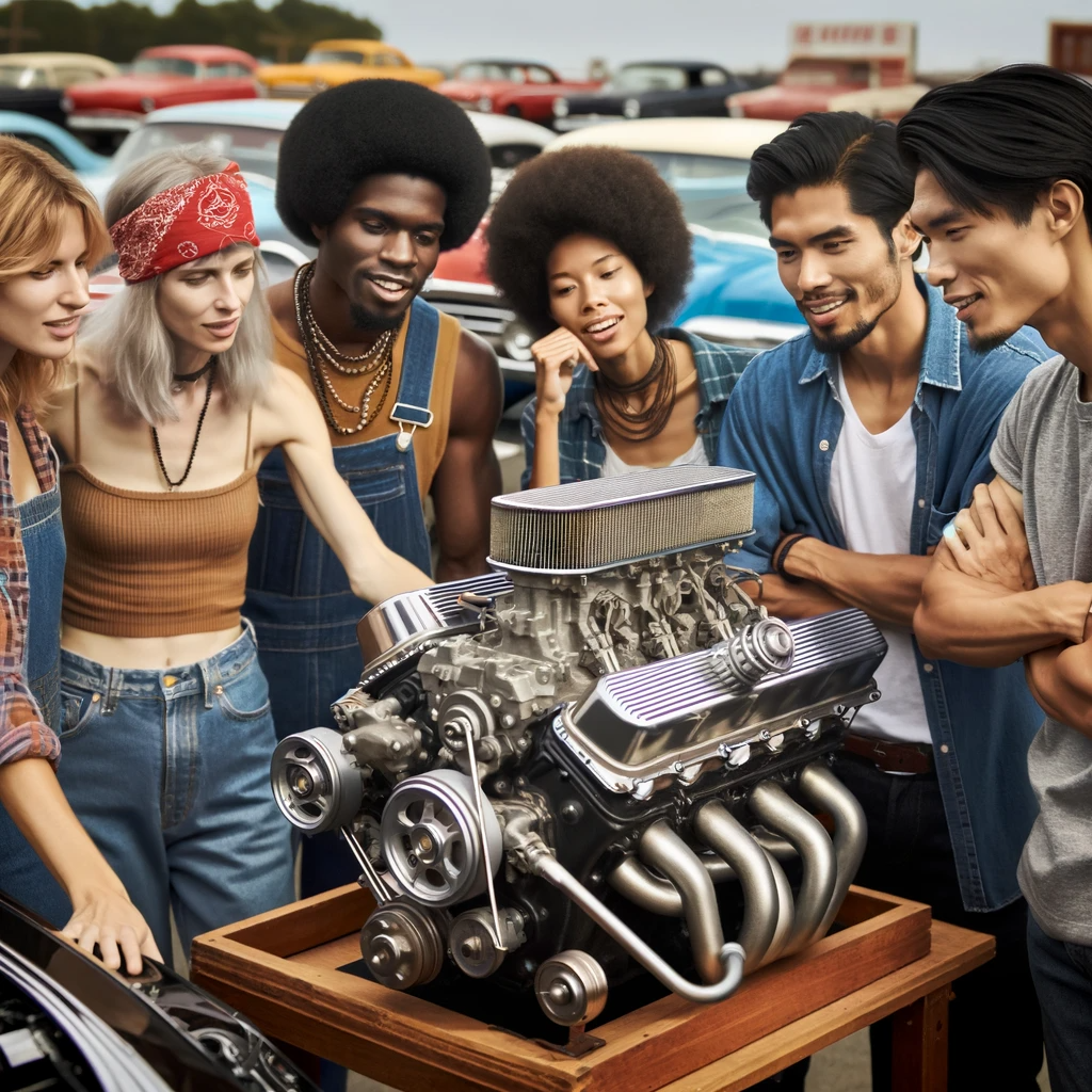 Naturally Aspirated Engine: The Evolution And Mastery Of The Powerplant In Lamborghini'S Rich Legacy 7 Dall·e 2023 12 29 17. 13. 14 a group of diverse individuals gathered around a classic naturally aspirated car engine displayed on a stand. The engine is sleek and well maintained