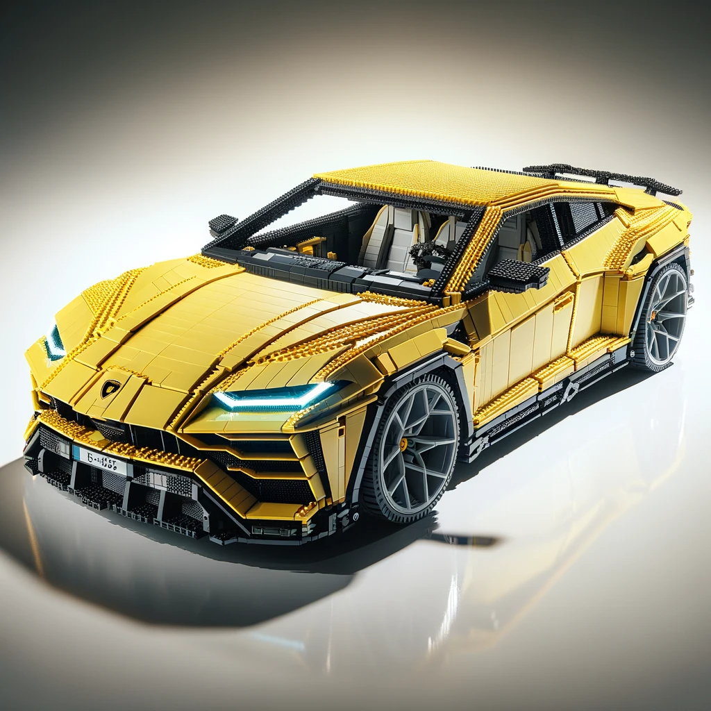 Dall%c2%b7e 2024 01 08 18. 59. 14 a highly detailed and realistic lego set model of the 2024 lamborghini urus. The lego set should feature a sleek modern design capturing the distinc