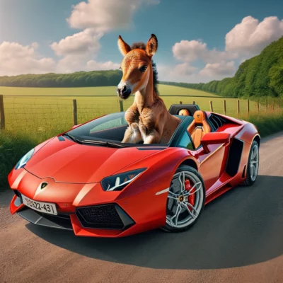 Stitches The Pony: The Heartwarming Tale Of An Internet Sensation And Beloved Family Member 2 Dall%c2%b7e 2024 02 02 20. 45. 36 a whimsical scene depicting a baby horse also known as a foal riding inside a bright red lamborghini. The lamborghini is parked on a picturesque co