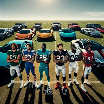 The Elite Drive: Nfl Players Lamborghini Ownership Explored! 2 Dall%c2%b7e 2024 02 06 19. 55. 33 an impressive scene unfolds with five nfl players clad in their vibrant team jerseys each exuding an aura of athleticism and confidence. They are st