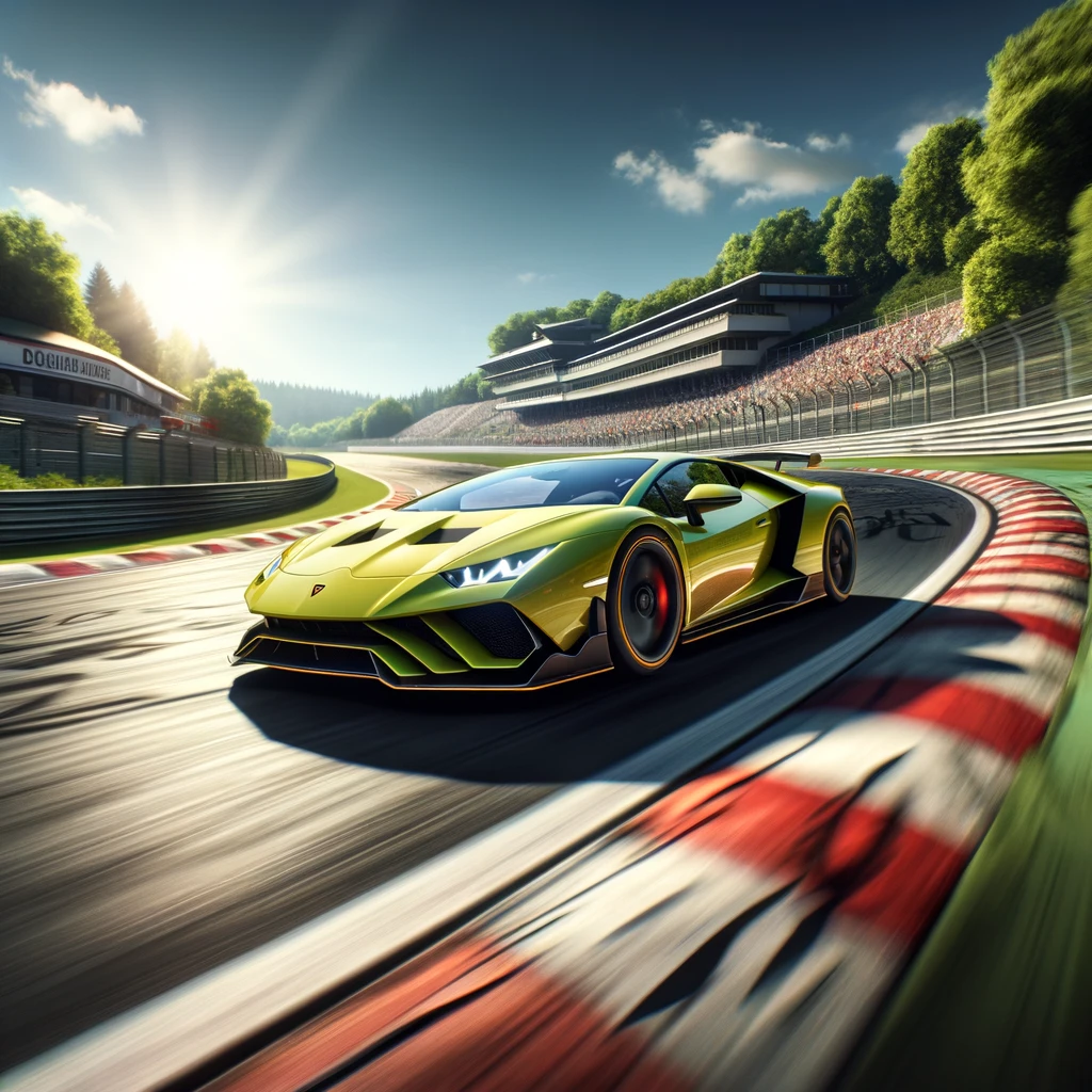 Dall%c2%b7e 2024 03 20 18. 44. 01 a photorealistic image of a high performance sports car resembling a lamborghini as it speeds around a curve on a famous race track resembling the n