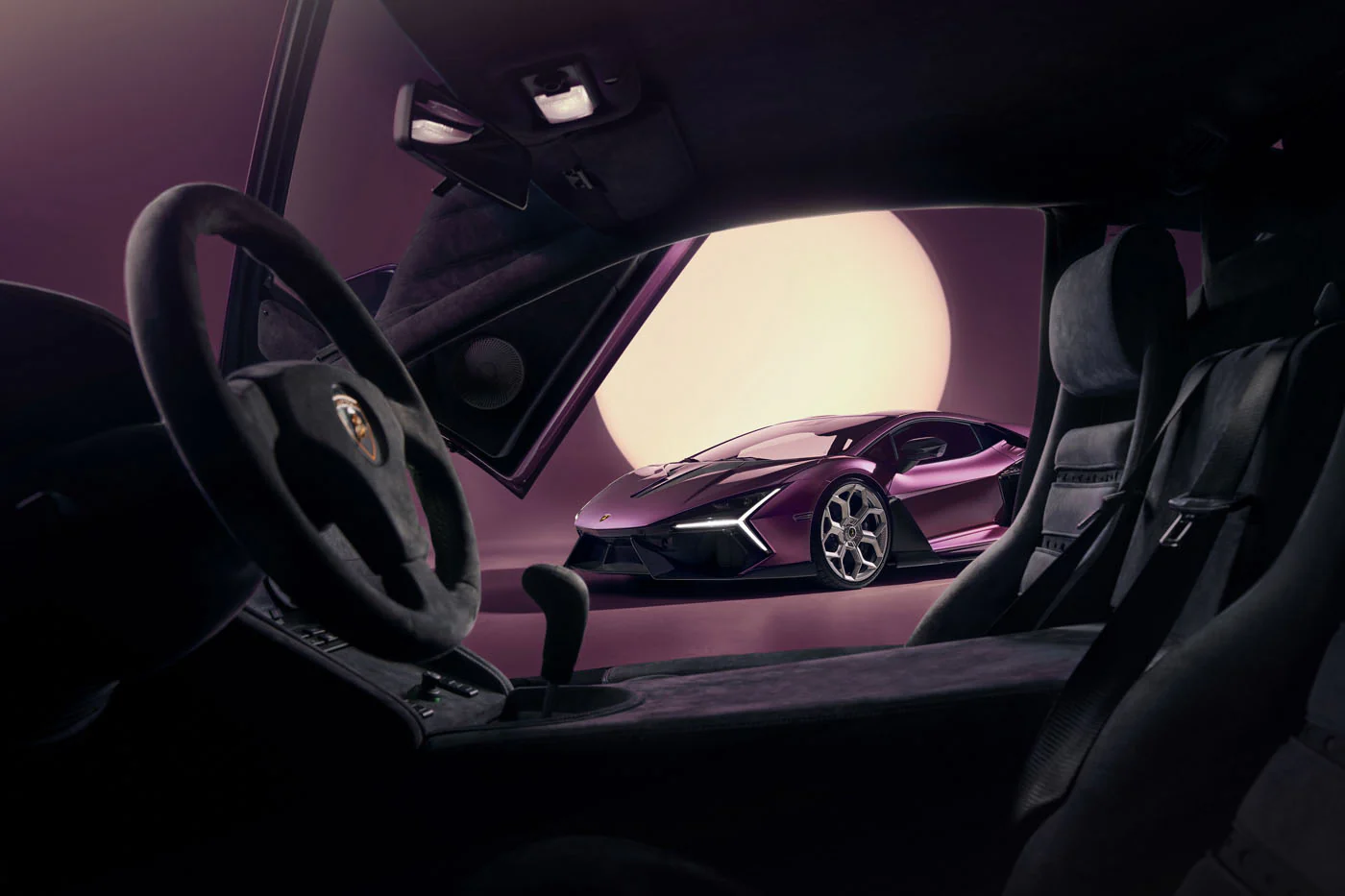Novitec'S 1,048 Hp Revuelto Program: What It Offers That Lamborghini'S Own Ad Personam Cannot 11 View from inside a classic lamborghini diablo interior with manual shifter and analog gauges, looking out toward a modern purple lamborghini revuelto