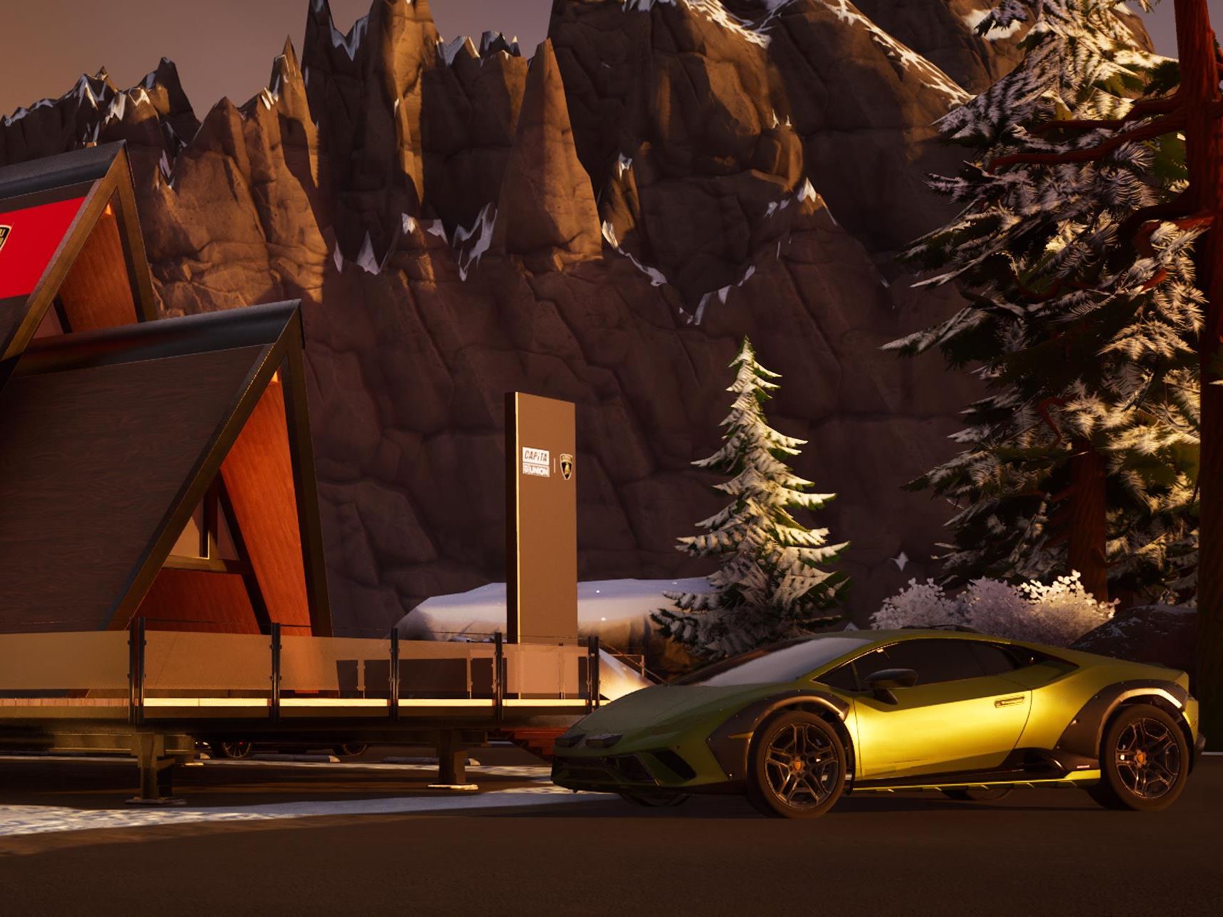 Green lamborghini huracán at cap-ta union branded a-frame building with snowy mountains