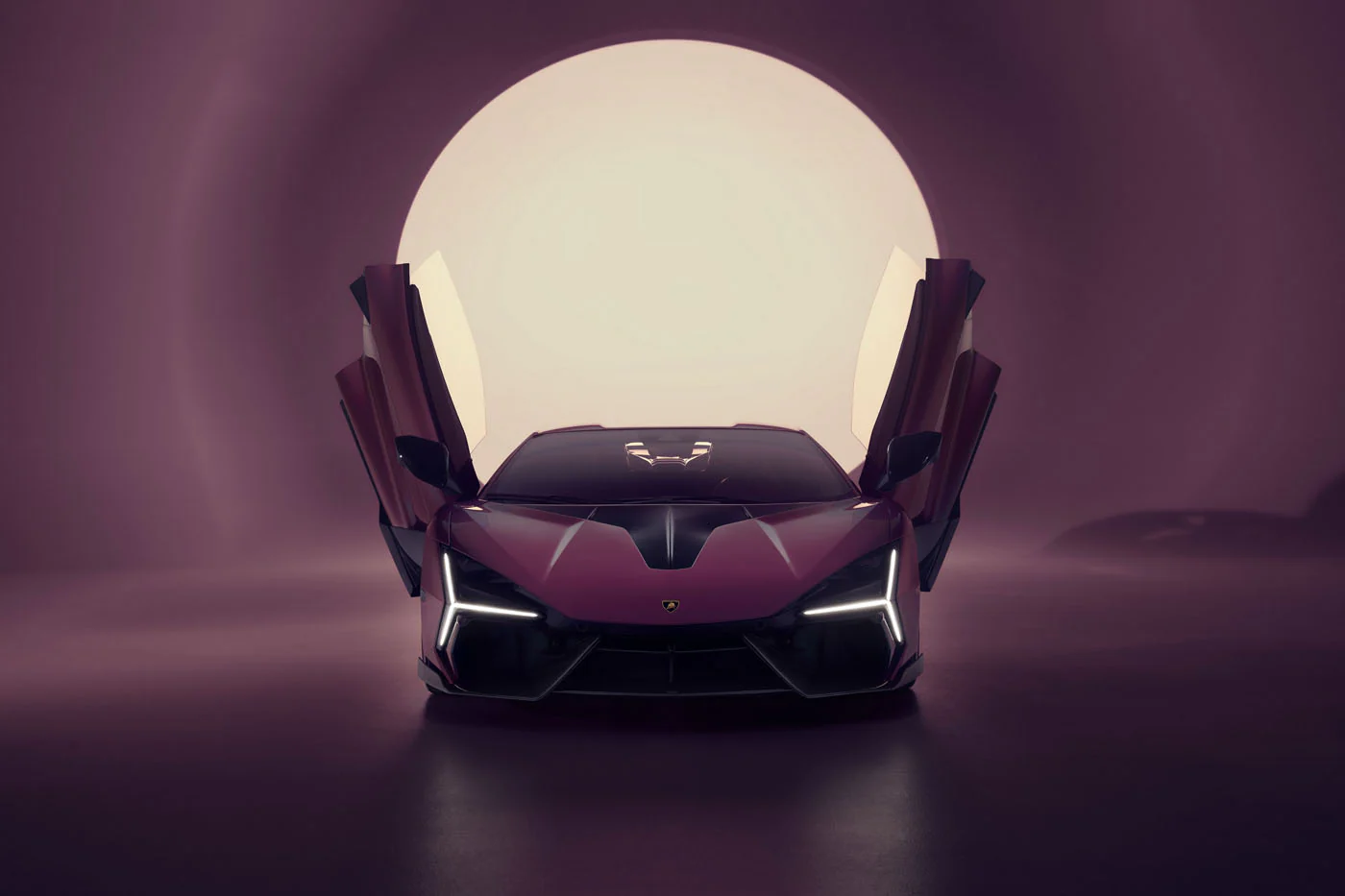 Novitec'S 1,048 Hp Revuelto Program: What It Offers That Lamborghini'S Own Ad Personam Cannot 13 Purple novitec lamborghini revuelto with scissor doors open and y-shaped drls illuminated in a studio setting