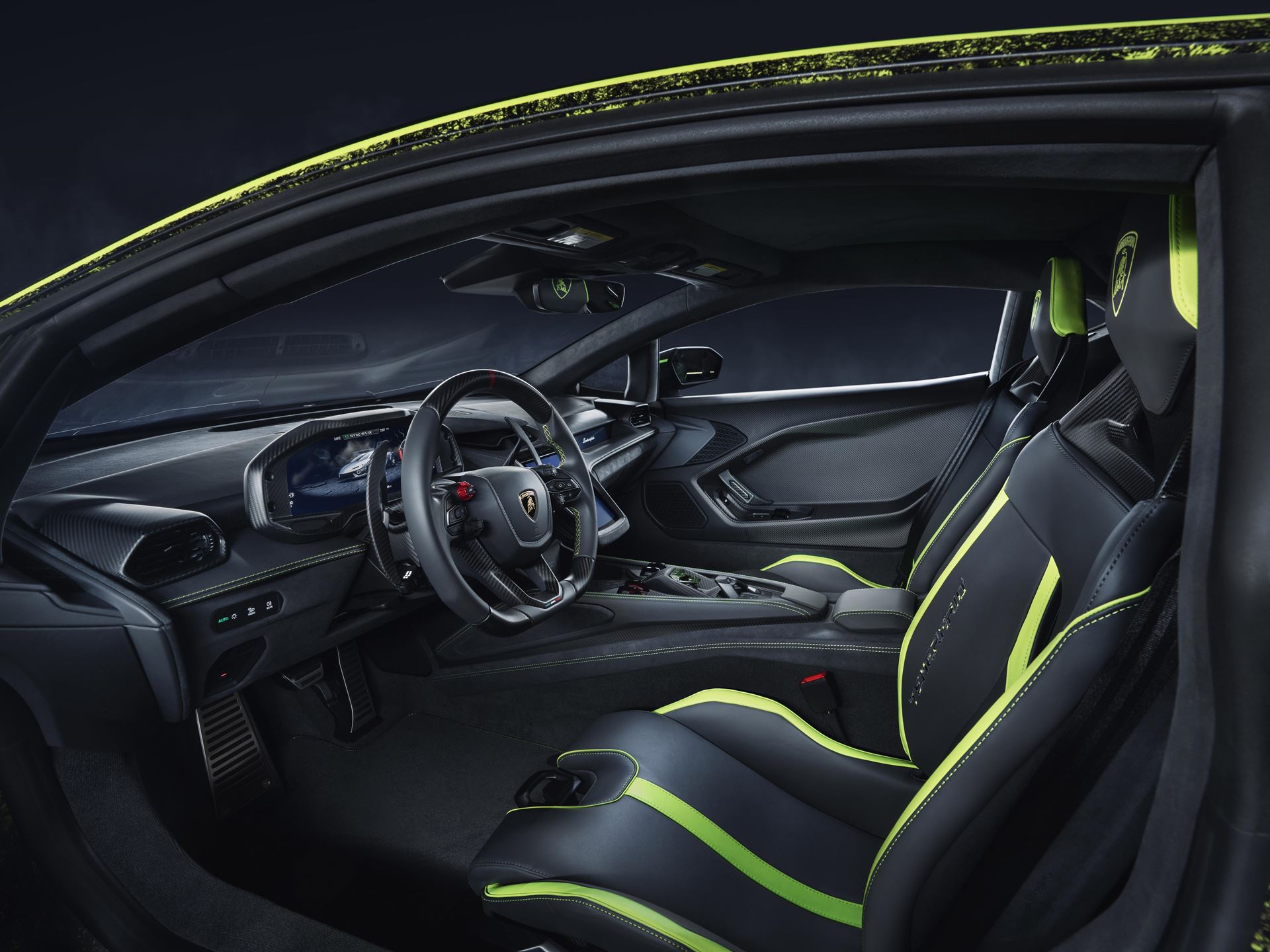 Lamborghini temerario interior with black and green color scheme