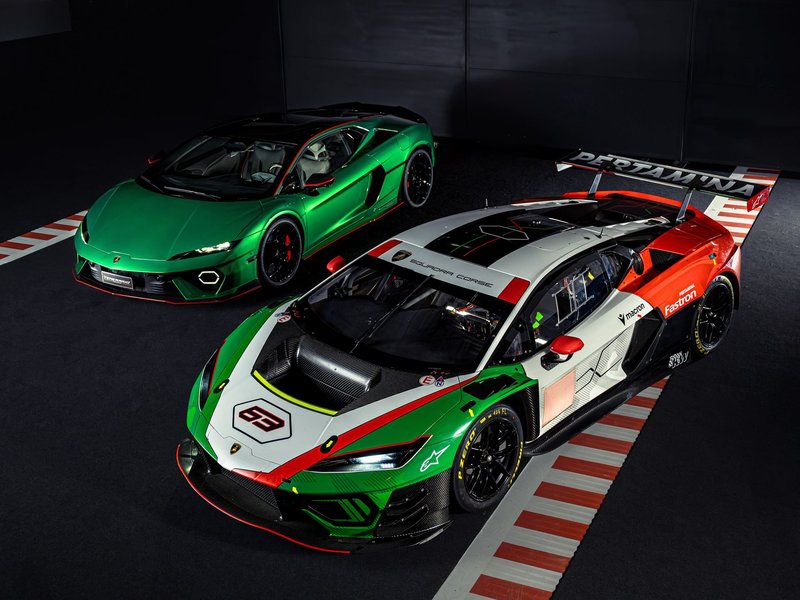 Lamborghini Temerario road car in green alongside the Temerario GT3 race car in white, green, and red livery in a studio setting