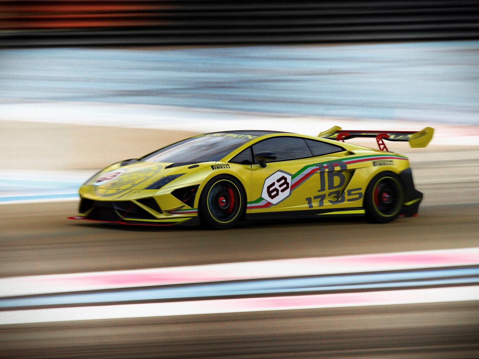 Yellow Lamborghini Gallardo LP 570-4 Super Trofeo race car number 63 at speed on track