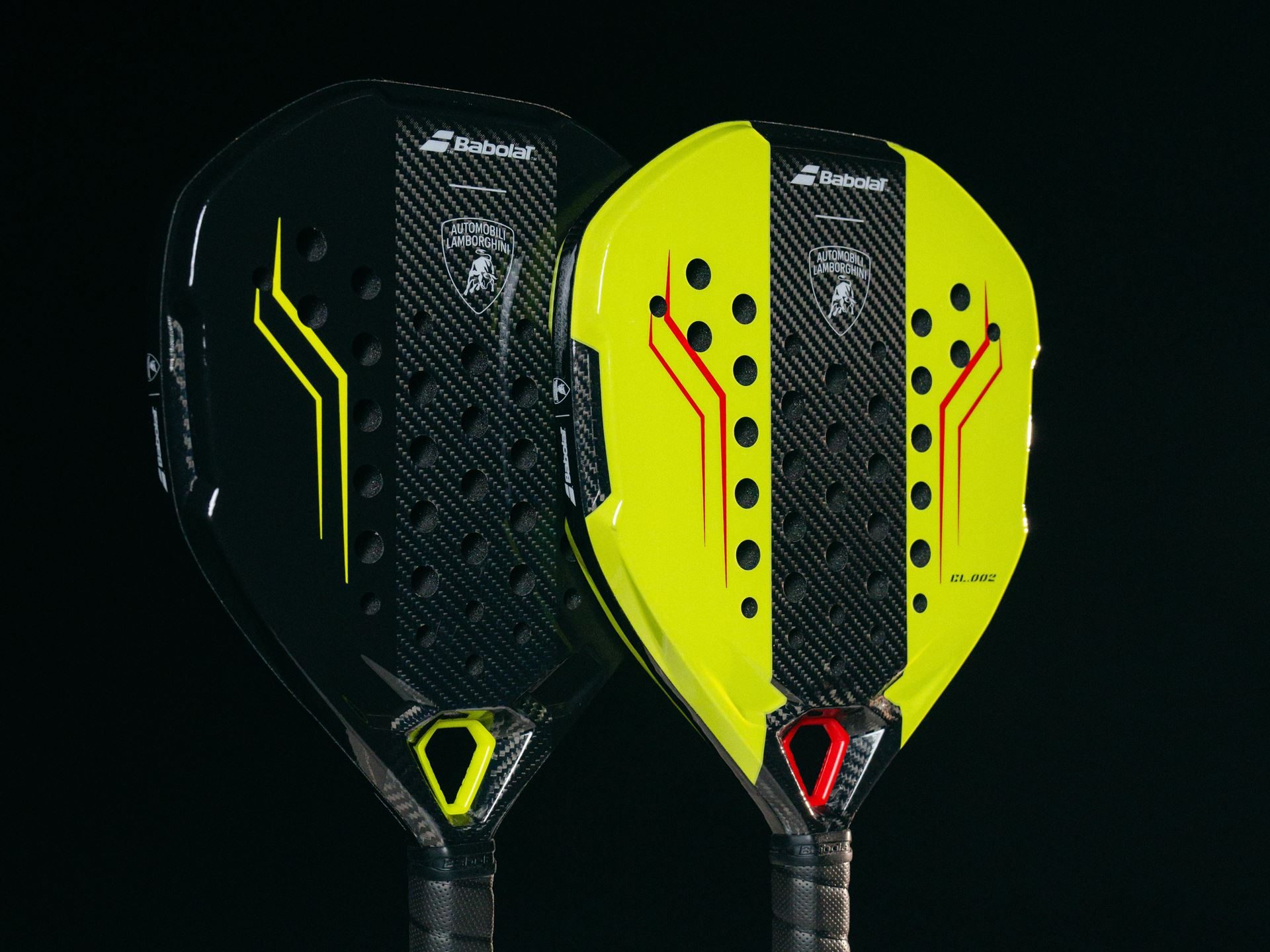 Babolat X Lamborghini Bl002: Carbon Fiber Expertise Meets The Padel Court At $650 5 Two babolat x lamborghini bl002 padel racquets displayed against a dark background, one black with yellow accents and one yellow with black and red accents
