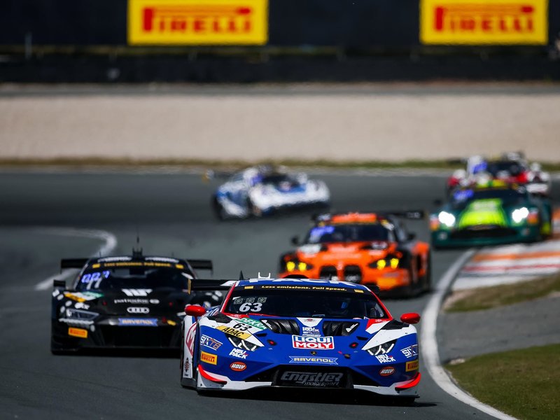The #63 Lamborghini Huracán GT3 EVO in Team Engstler livery leads a pack of GT3 competitors at Zandvoort during the ADAC GT Masters