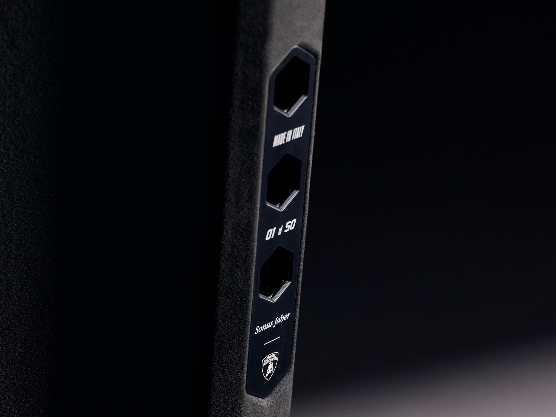 Lamborghini'S $130,000 Sonus Faber Speakers: What 50 Pairs And Five Paint Codes Reveal About The Brand'S Exclusivity Strategy 3 Close-up of the il cremonese ex3me side panel showing made in italy stamp, 01/50 numbering, sonus faber branding, and lamborghini shield logo