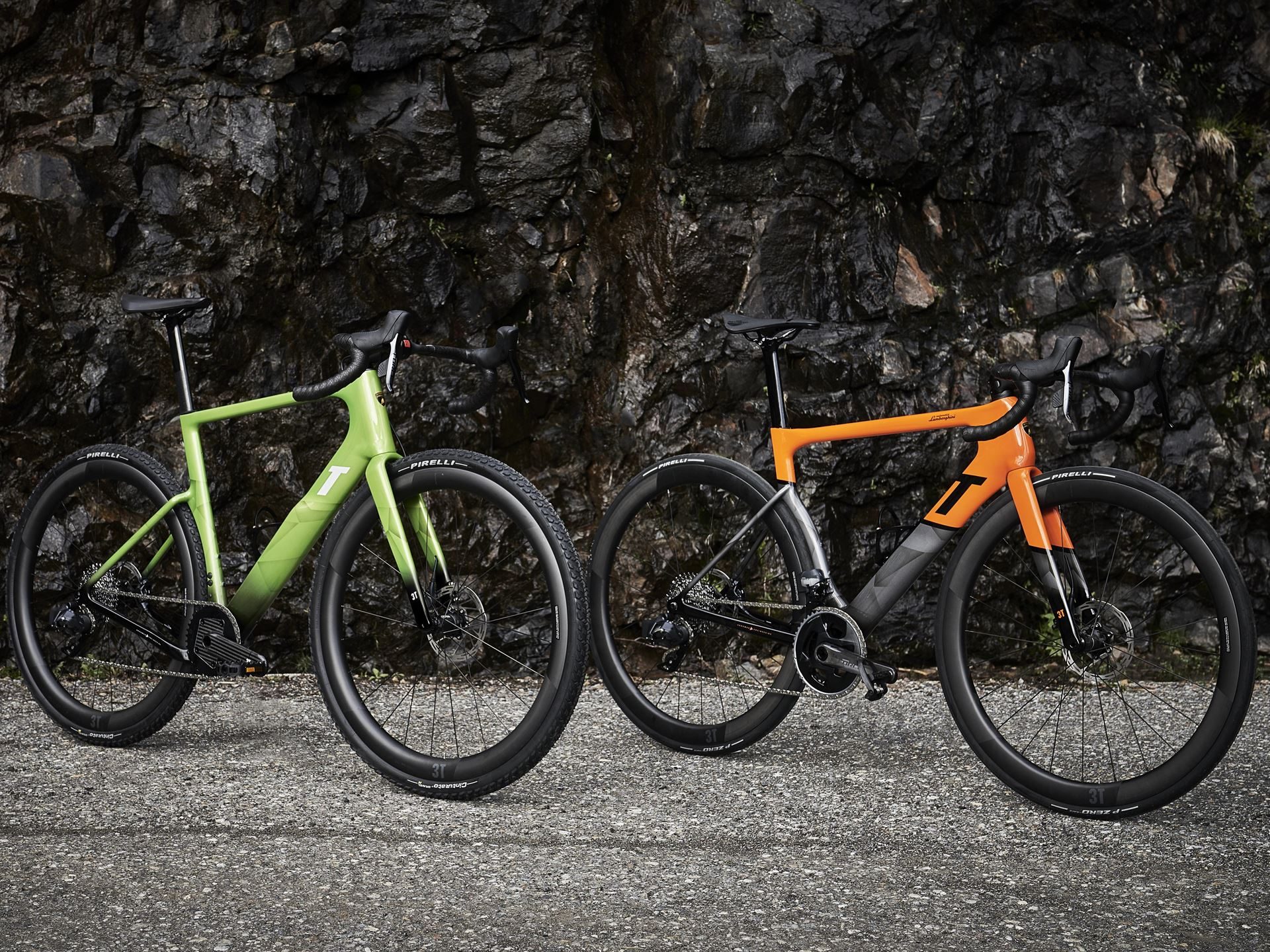 Lamborghini'S 2025 Holiday Gift Guide Stretches From Lego Bricks To $30,000 Loudspeakers 9 Two lamborghini-branded 3t bicycles in green and orange parked side by side on an asphalt road