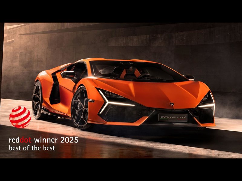 Orange Lamborghini Revuelto in a studio setting, showcasing its aggressive front design and Y-shaped daytime running lights