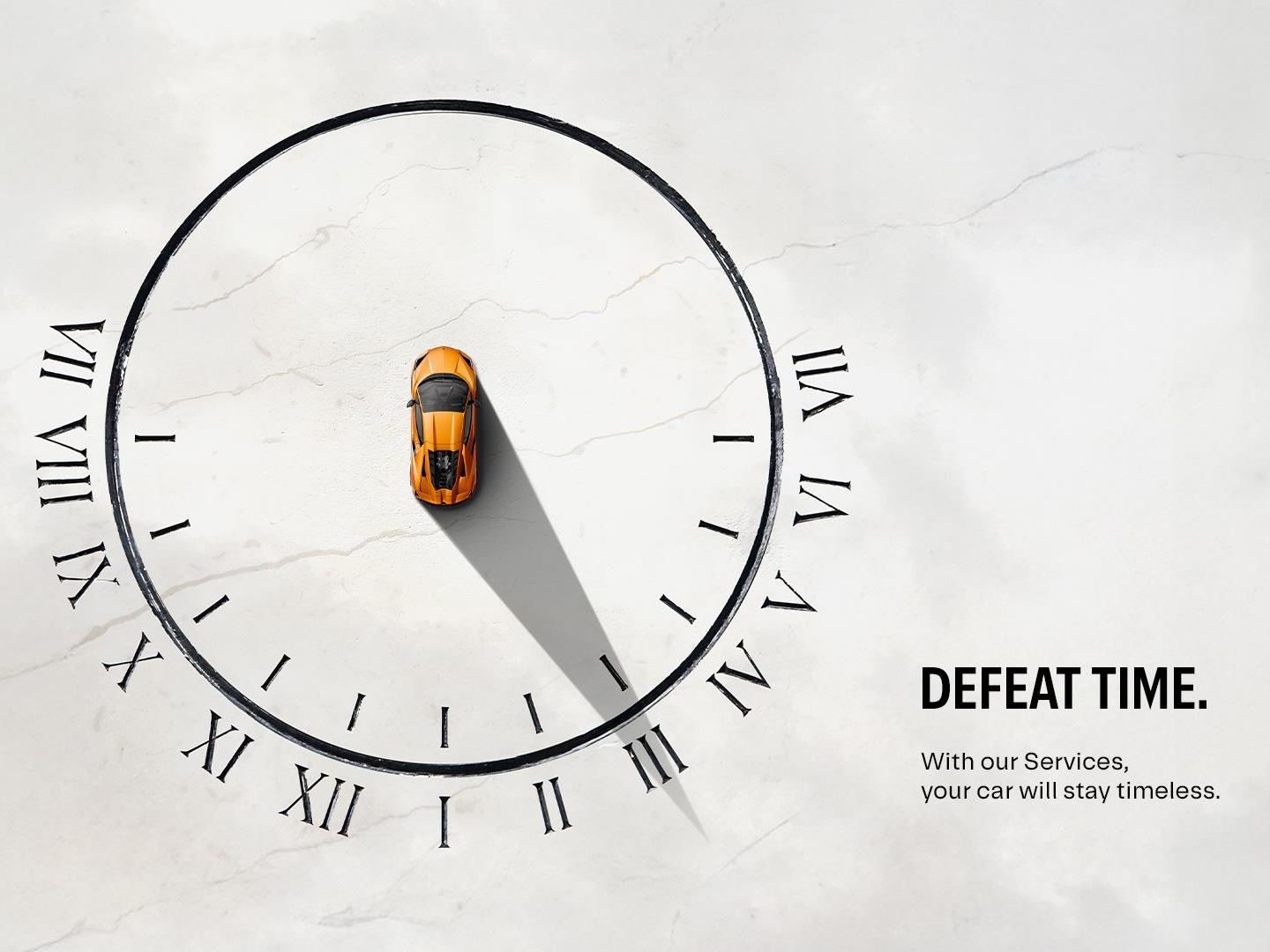 Five Years Of Free Maintenance And A Decade Of Warranty: What Lamborghini'S Expanded Aftersales Program Actually Covers 7 An orange lamborghini huracan positioned within a large clock face with roman numerals, symbolizing the brand's aftersales commitment to longevity
