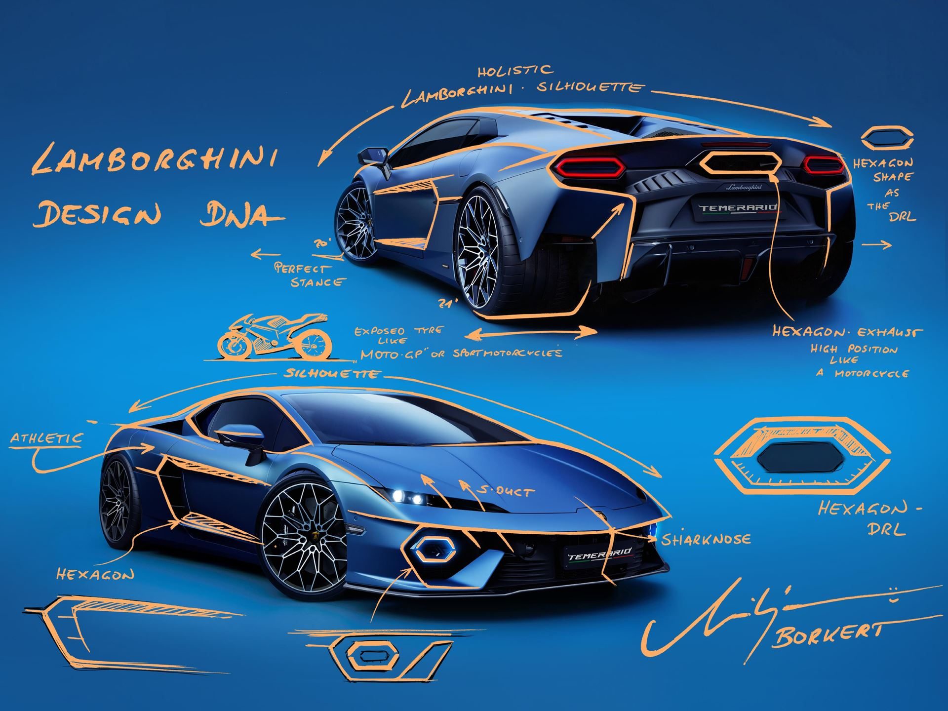 How One Decision In 2003 Gave Lamborghini Total Control Over Its Design Destiny 11 Lamborghini temerario design infographic highlighting hexagonal shapes, sharknose front, s-duct, exposed tire look, and motogp-inspired high-position exhaust