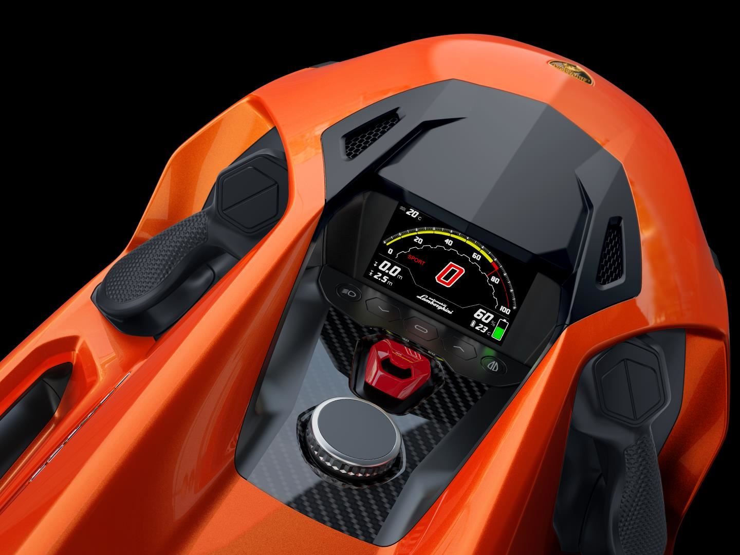 Close-up of the digital dashboard on an orange Lamborghini-branded SEABOB showing hexagonal vents, Sport mode indicator, and start button
