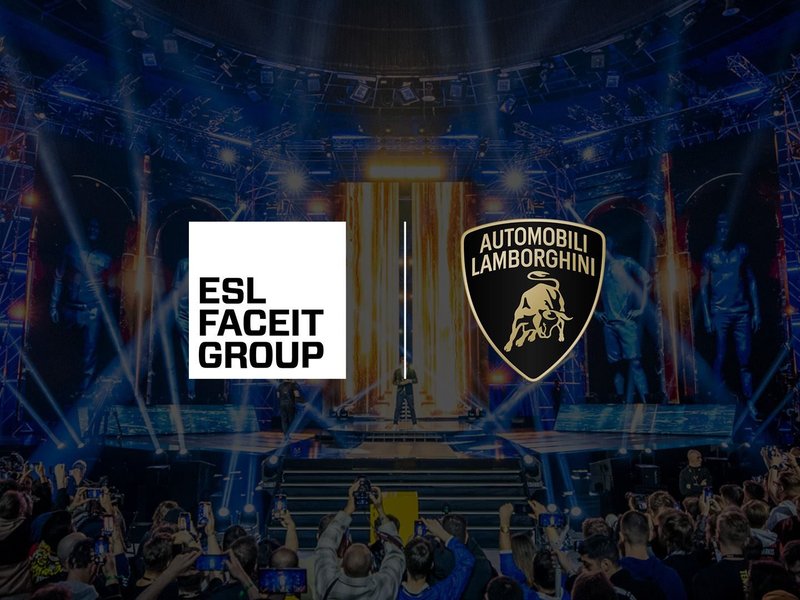 ESL FACEIT Group and Automobili Lamborghini logos on the DreamHack Dallas esports stage with a large audience