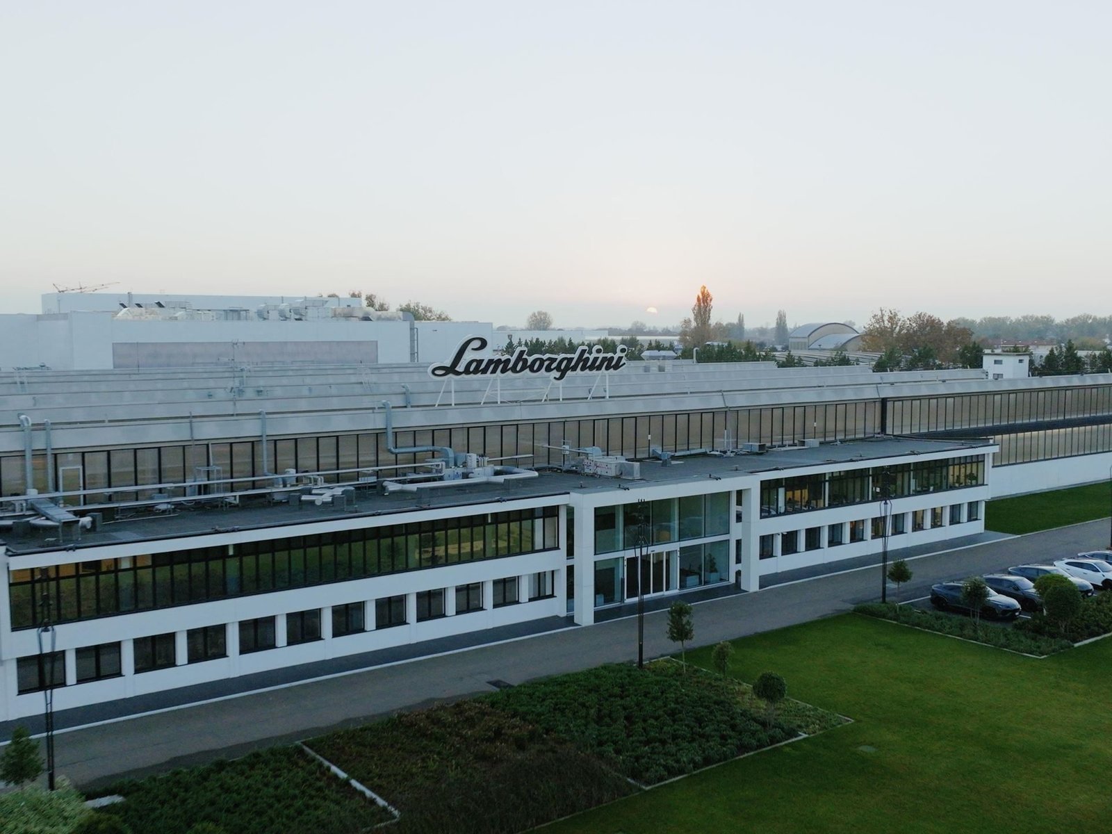 Aerial view of the Lamborghini factory at Sant'Agata Bolognese with the iconic logo on the roof
