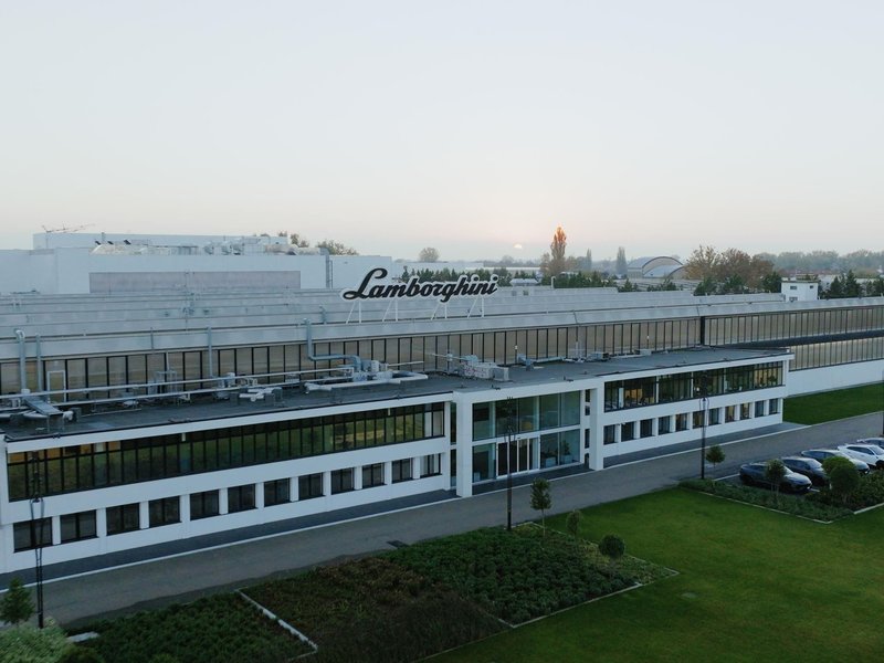 Aerial view of the Lamborghini factory at Sant'Agata Bolognese with the iconic logo on the roof