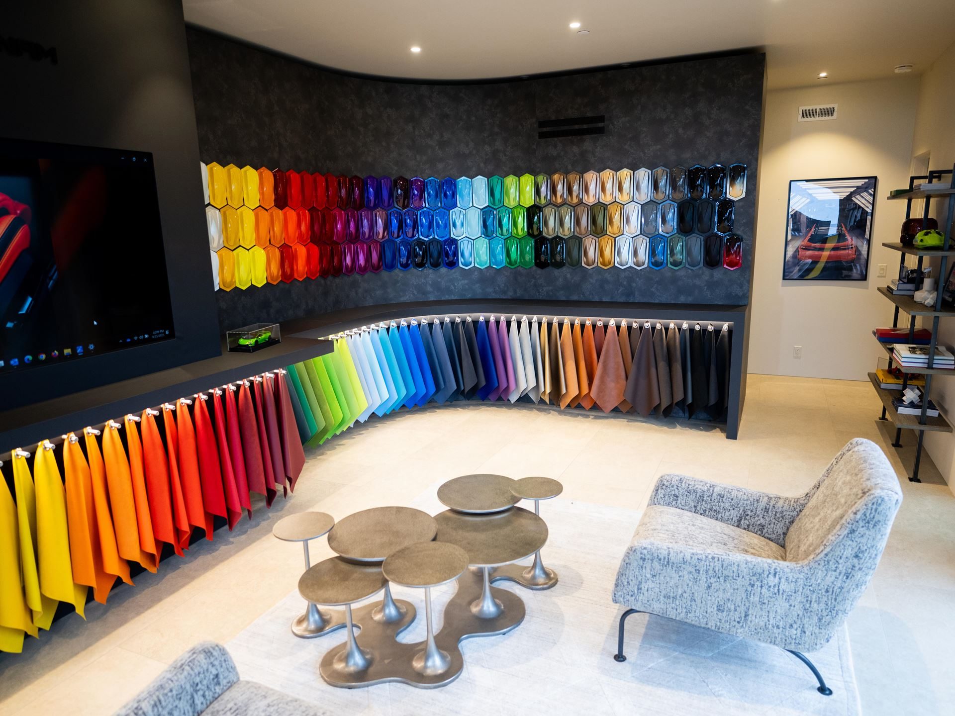 Lamborghini'S 29-Unit Fenomeno Signals A New Kind Of Few-Off For Its Most Extreme Clientele 9 Lamborghini ad personam studio at monterey showing a curved wall of paint samples and material swatches