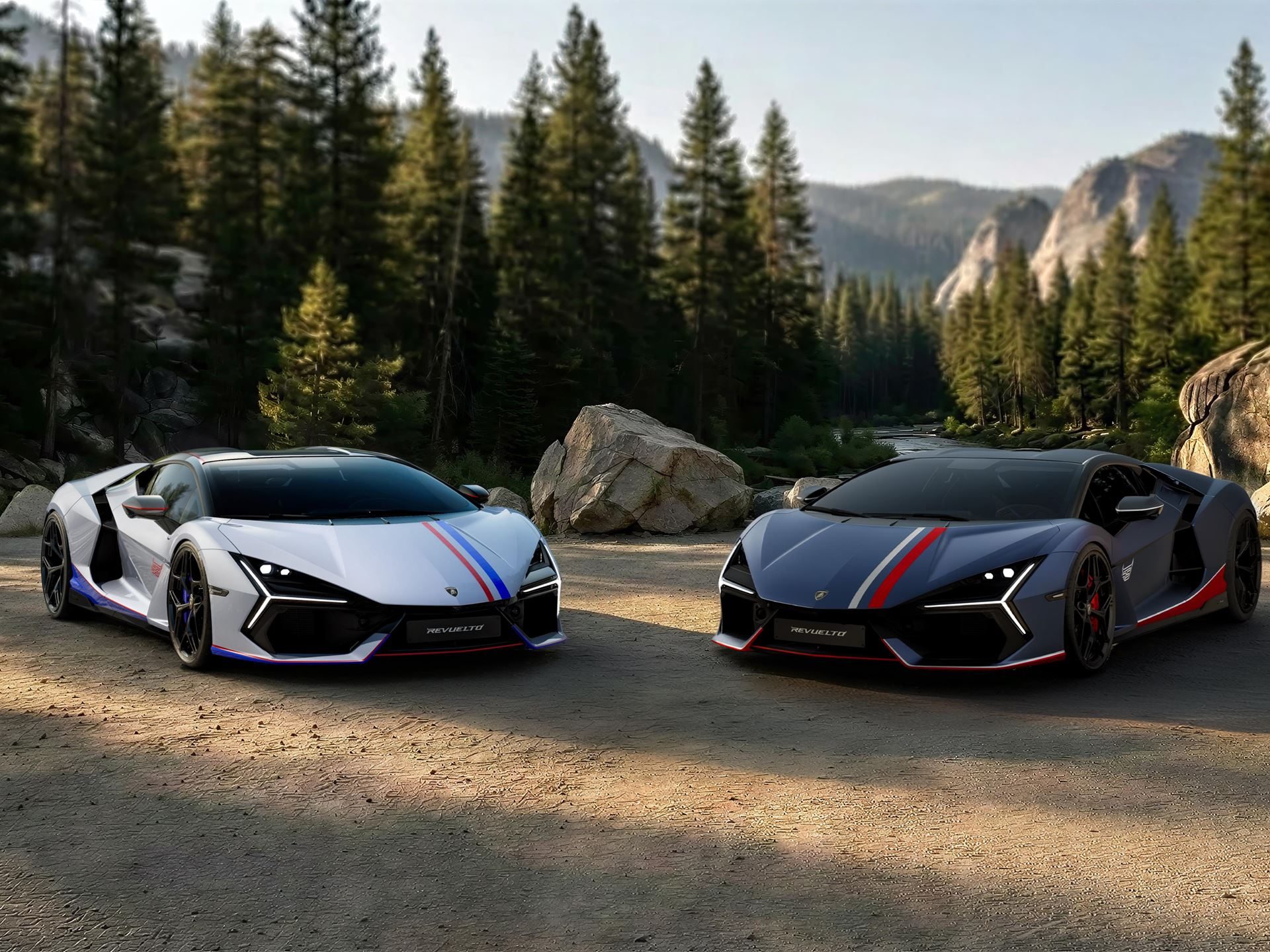 Revuelto Na63: 63 Units, Two Countries, And Lamborghini'S Sharpest Play For North American Collectors 3 Two lamborghini revuelto na63 models in white and dark grey with red, white, and blue stripes parked on a mountain road