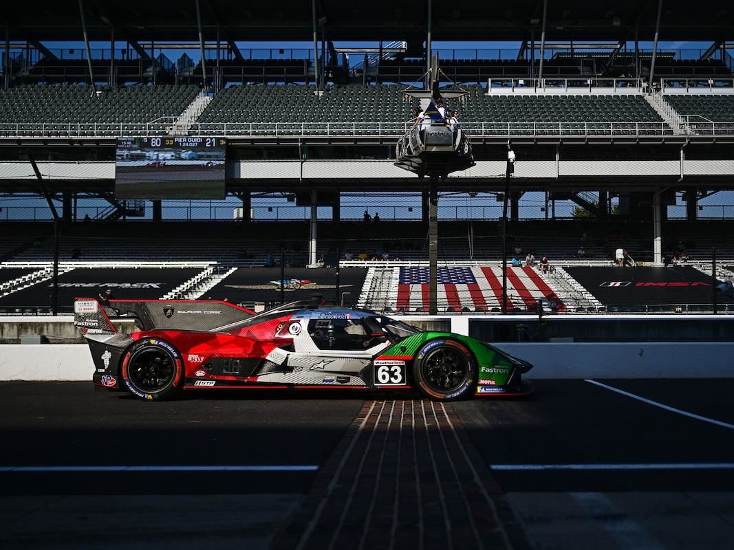 The Lamborghini Sc63'S 'Evo Joker' Suspension Finally Showed What This Car Can Do, Just As The Program Winds Down 5 Lamborghini sc63 on the iconic brick start-finish line at indianapolis motor speedway with grandstands and american flag in background