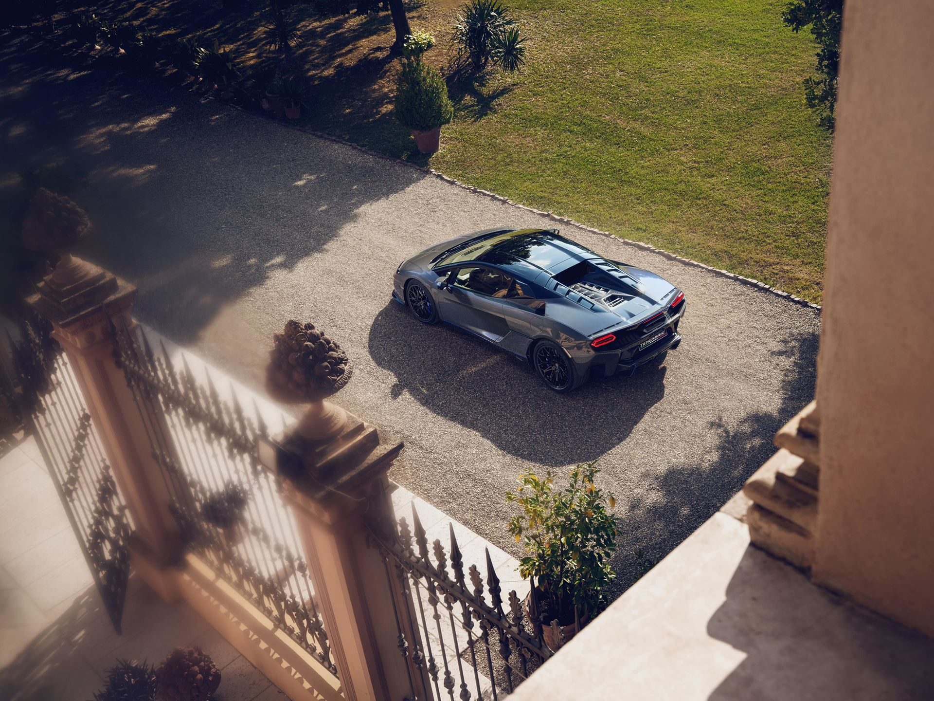 Lamborghini'S First Bespoke Temerario Proves Ad Personam Is The Real Power Play 5 Elevated rear view of the temerario porto cervo showing the exposed engine cover, rear diffuser, and y-shaped taillights