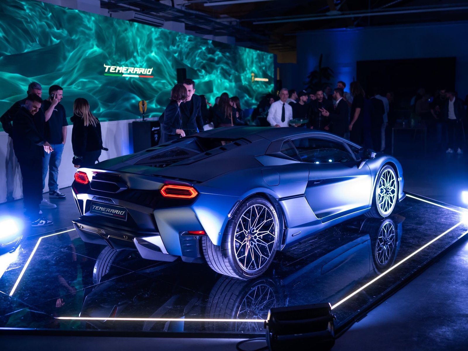 Lamborghini Temerario unveiled at Barcelona event, showing hexagonal taillights and aggressive rear diffuser