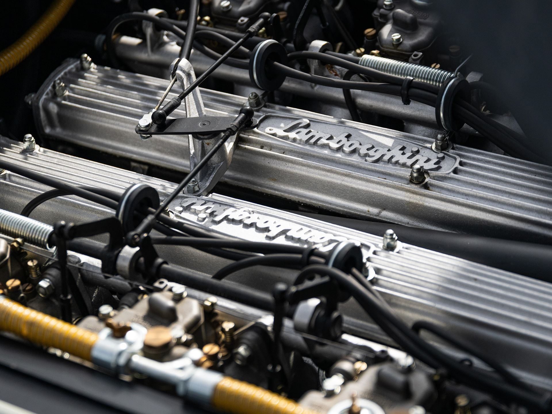 Close-up of lamborghini 350 gt engine bay showing polished silver valve covers with embossed lamborghini script and visible carburetors