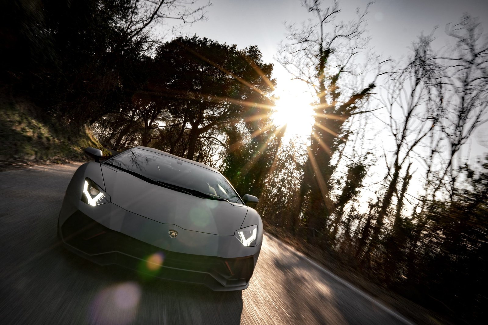 Grey Lamborghini Aventador Ultimae driving on a winding road at sunset with lens flare through trees