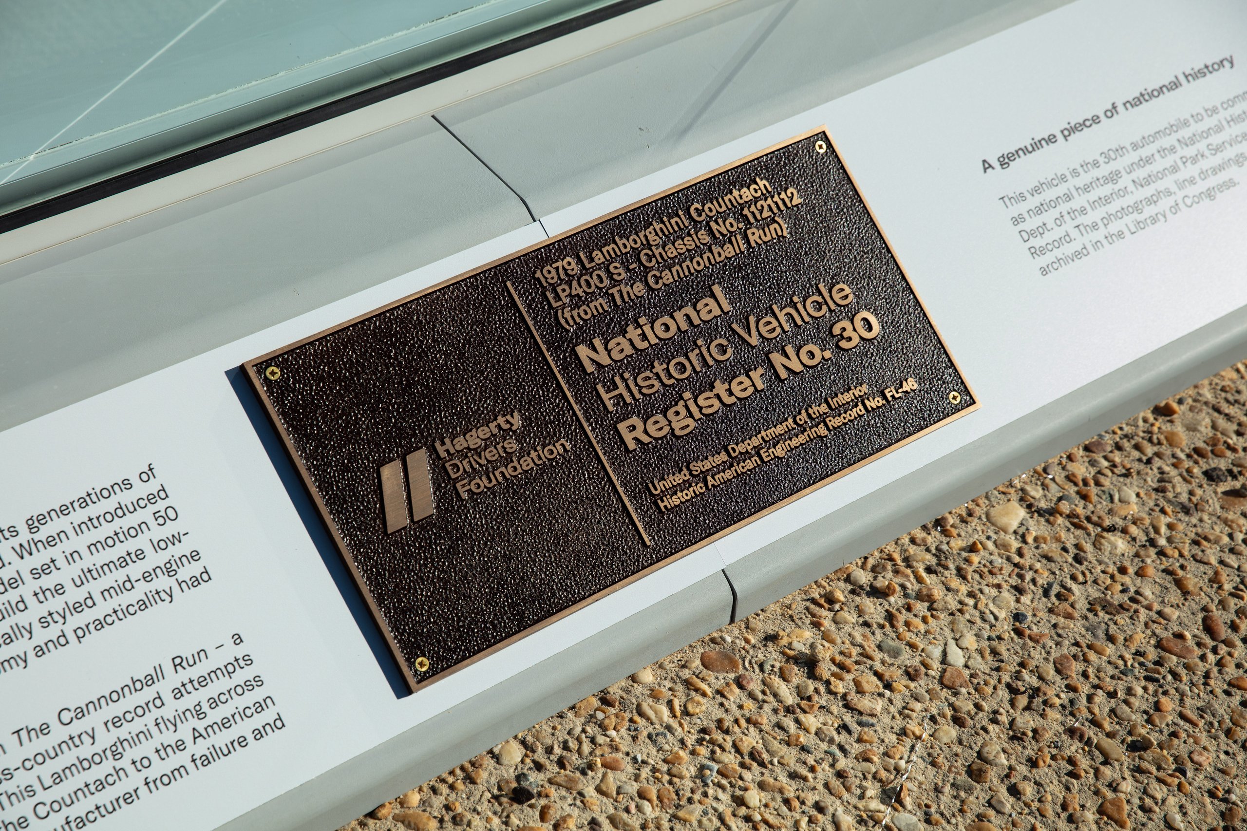 The 'Cannonball Run' Countach Now Sits On The National Mall, Officially One Of America'S Most Important Cars 7 Close-up of the bronze plaque designating the 1979 lamborghini countach lp 400 s chassis 1121112 as national historic vehicle register no. 30