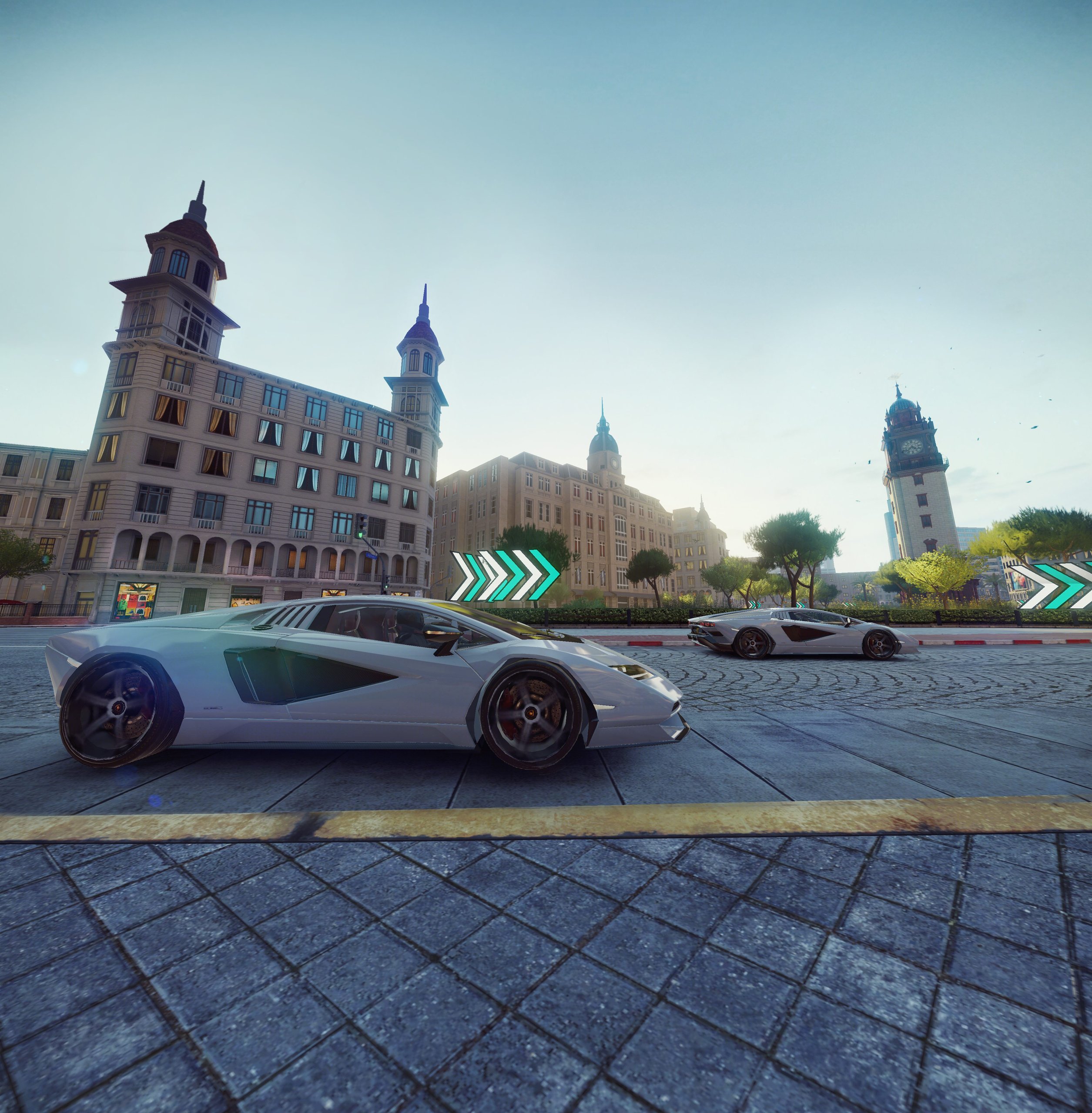 The Countach Lpi 800-4 Enters Asphalt 9: Legends, And Lamborghini Wants You To Race For It 5 White lamborghini countach lpi 800-4 on a city street with classical architecture in asphalt 9: legends