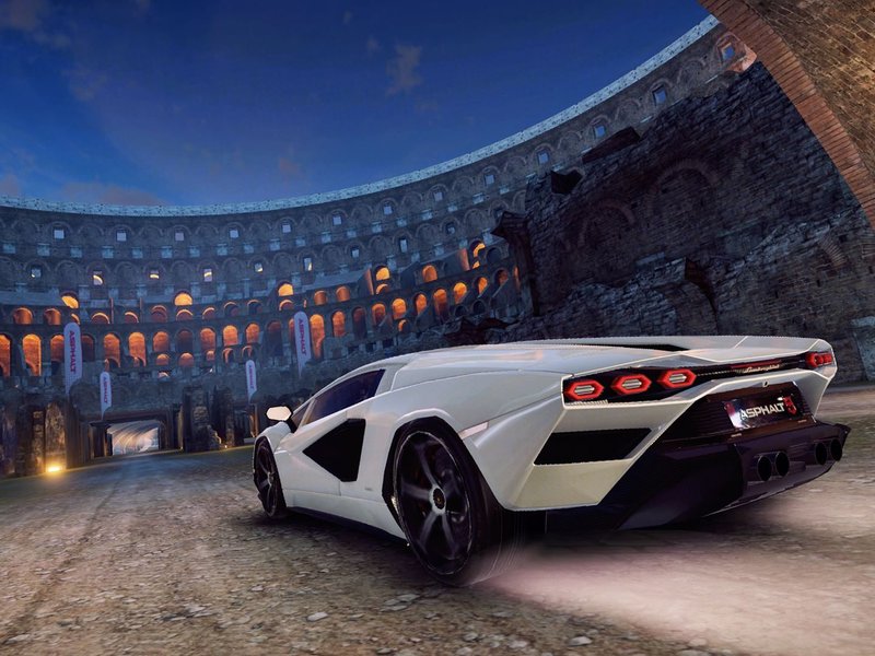 White Lamborghini Countach LPI 800-4 racing through a Roman-style arena in Asphalt 9: Legends