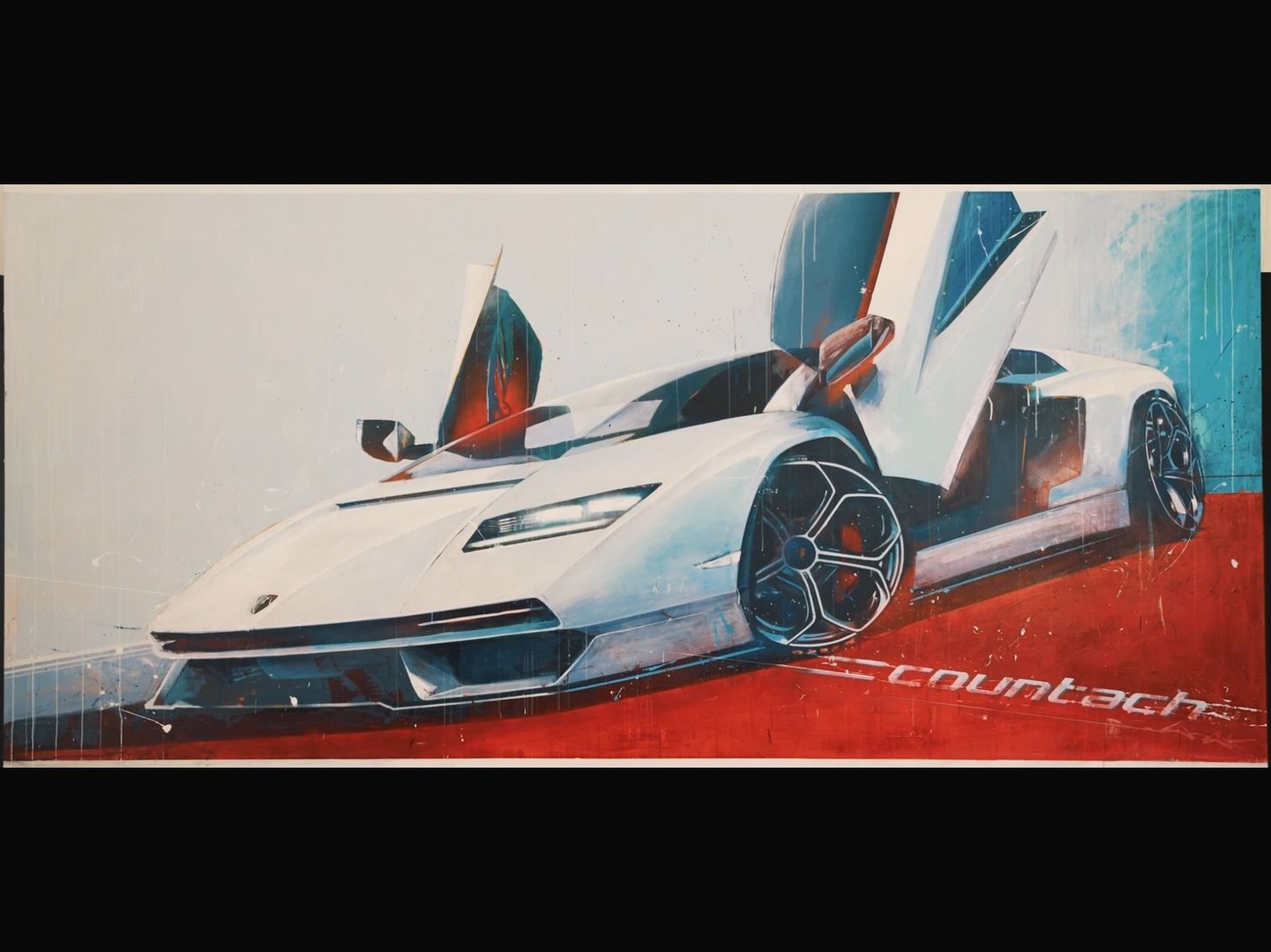 Artistic rendering of the Lamborghini Countach LPI 800-4 with scissor doors open against a vivid red and blue painted background