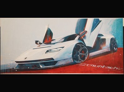 Lamborghini Turns Countach Lpi 800-4 Ownership Into A Numbered Art Collection 2 Artistic rendering of the lamborghini countach lpi 800-4 with scissor doors open against a vivid red and blue painted background