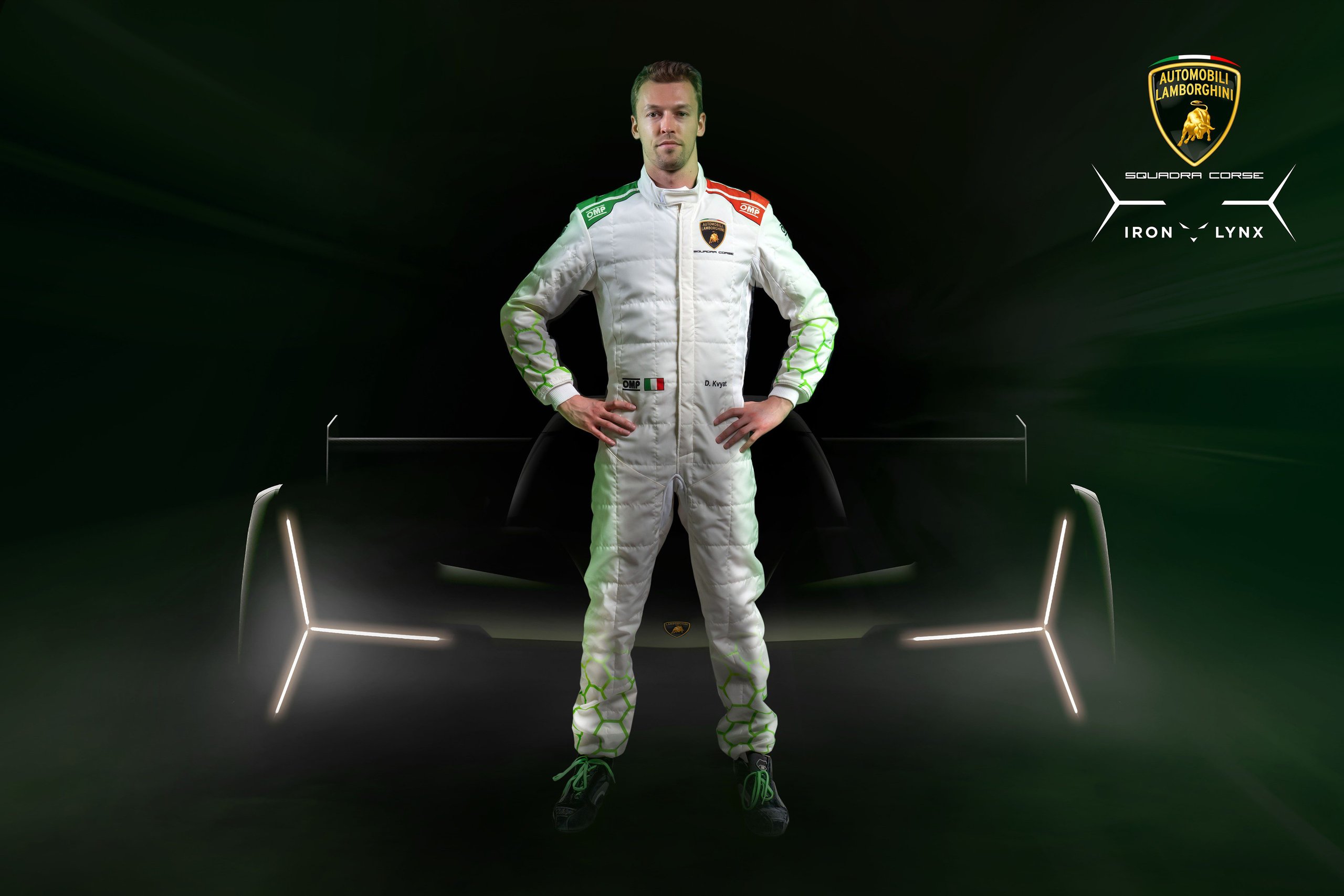Kvyat'S F1 Pedigree Becomes Lamborghini'S Lmdh Development Weapon 3 Full-body shot of daniil kvyat in lamborghini racing suit with illuminated sc63 silhouette behind him