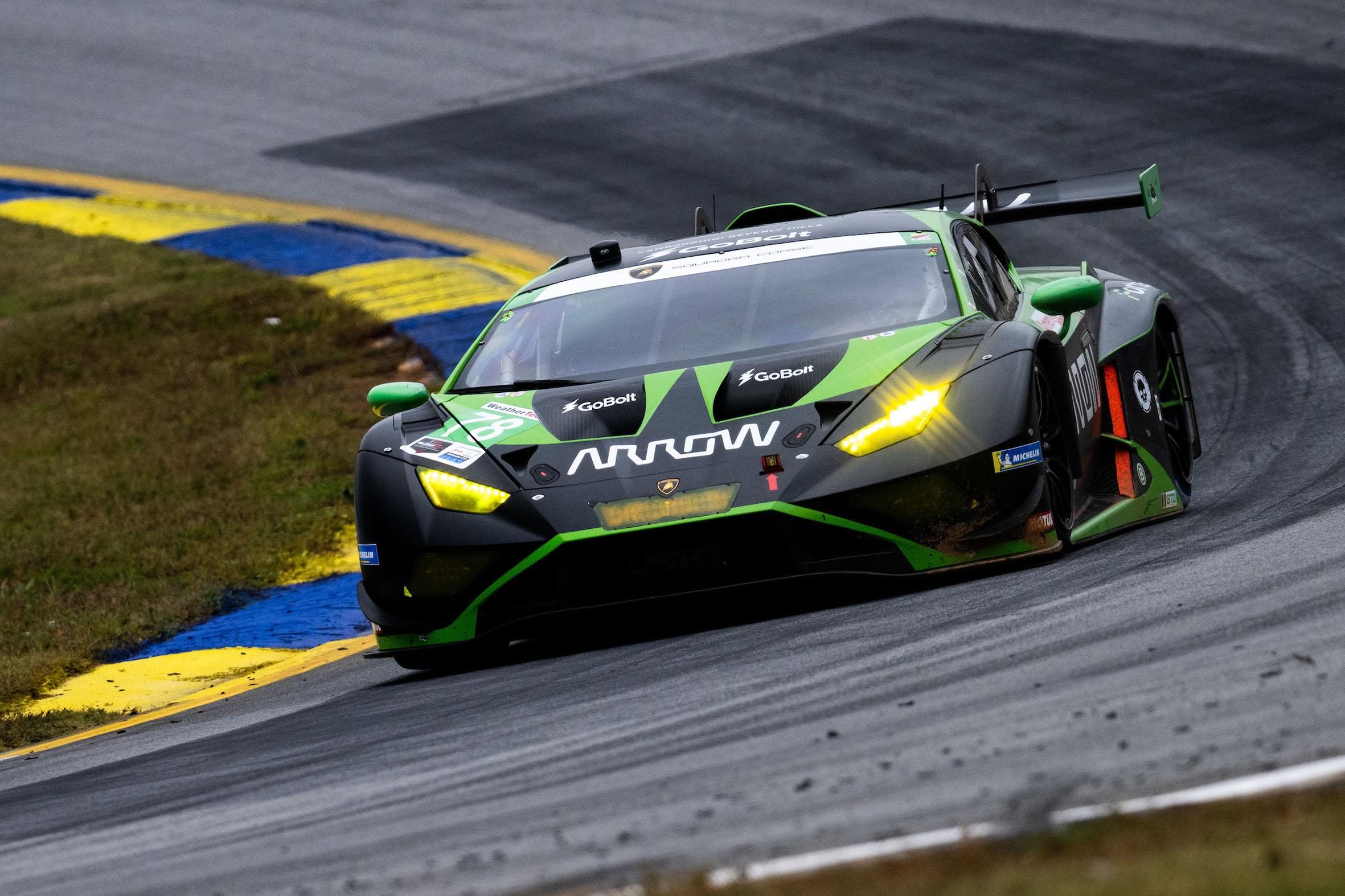 Three Penalties, One Win: How Forte Racing'S Petit Le Mans Comeback Validates Lamborghini'S Customer Racing Pipeline 3 The #78 forte racing lamborghini huracán gt3 evo2 in black and green gobolt livery racing at night with headlights on