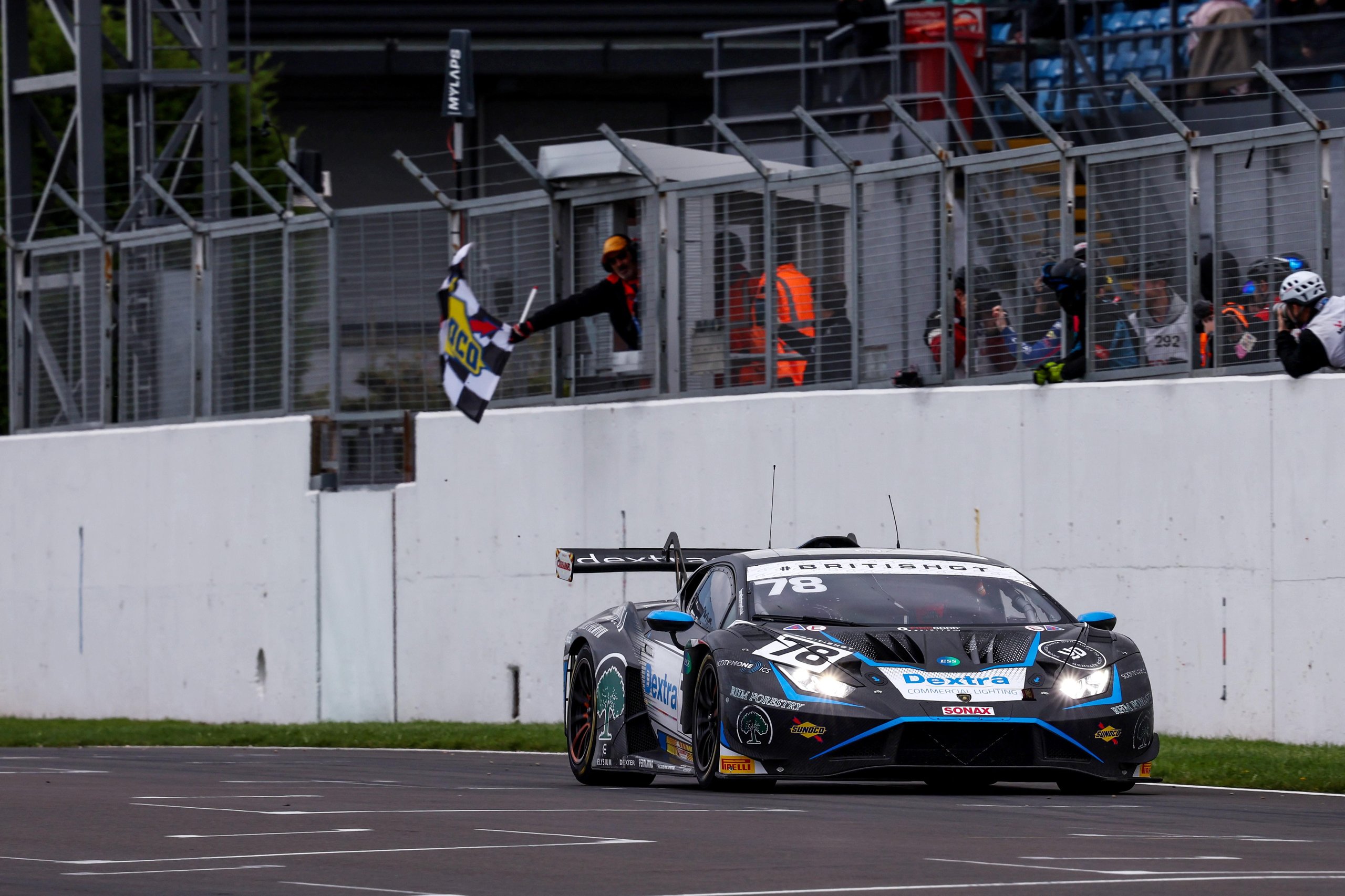 Barwell'S Donington One-Two Puts The Huracán Gt3 One Win From 200 7 The #78 lamborghini huracán gt3 evo2 crosses the finish line under the checkered flag at donington park