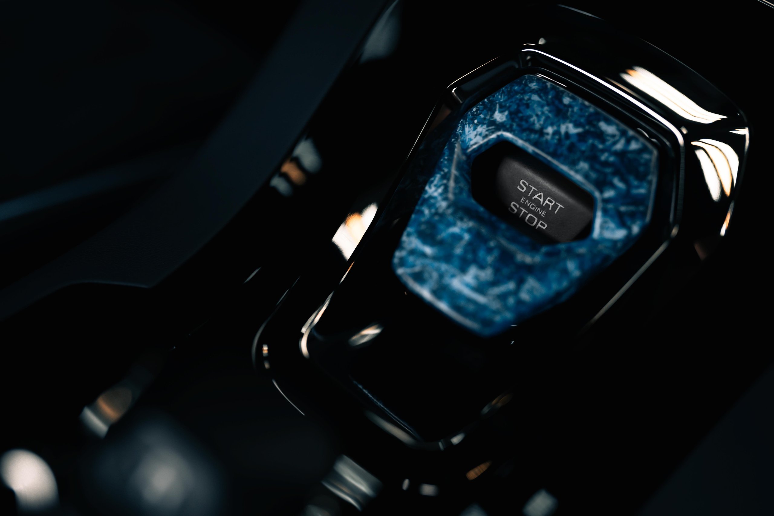 370 Hours Of Paint, One Sardinian Night: Inside The Huracán Sterrato Opera Unica 7 Close-up of the opera unica start-stop button with blue crystal-effect surround