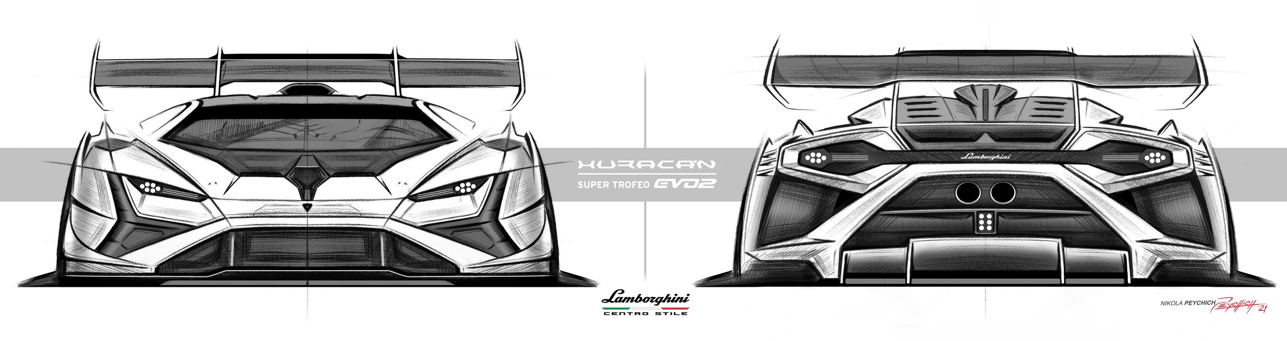 The Huracán Super Trofeo Evo2 Previews Lamborghini'S Next Design Language From The Track 11 Side-by-side centro stile design sketch comparing front and rear views of the huracán super trofeo evo2