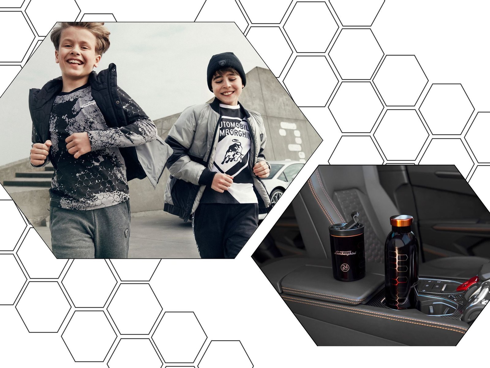 Composite lifestyle image showing two boys in Lamborghini kidswear alongside Lamborghini branded thermal bottles in a car interior, framed by a hexagonal overlay