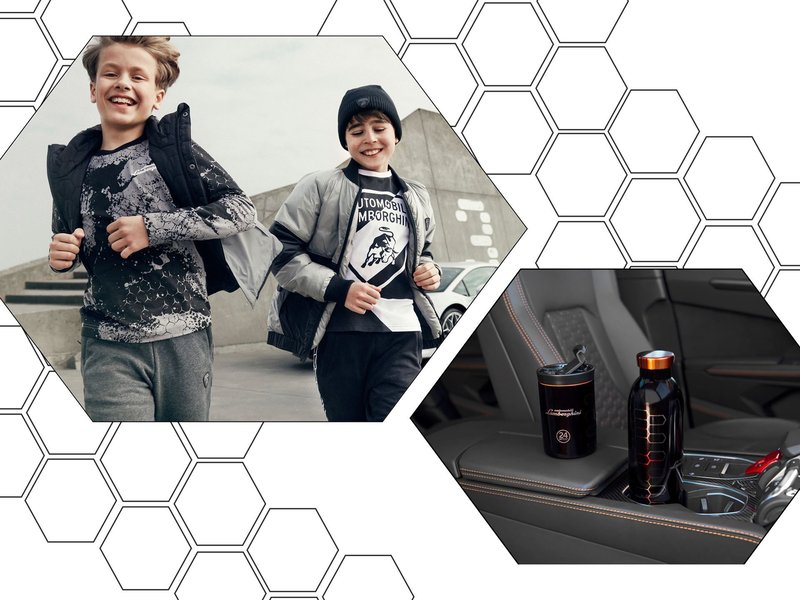 Composite lifestyle image showing two boys in Lamborghini kidswear alongside Lamborghini branded thermal bottles in a car interior, framed by a hexagonal overlay