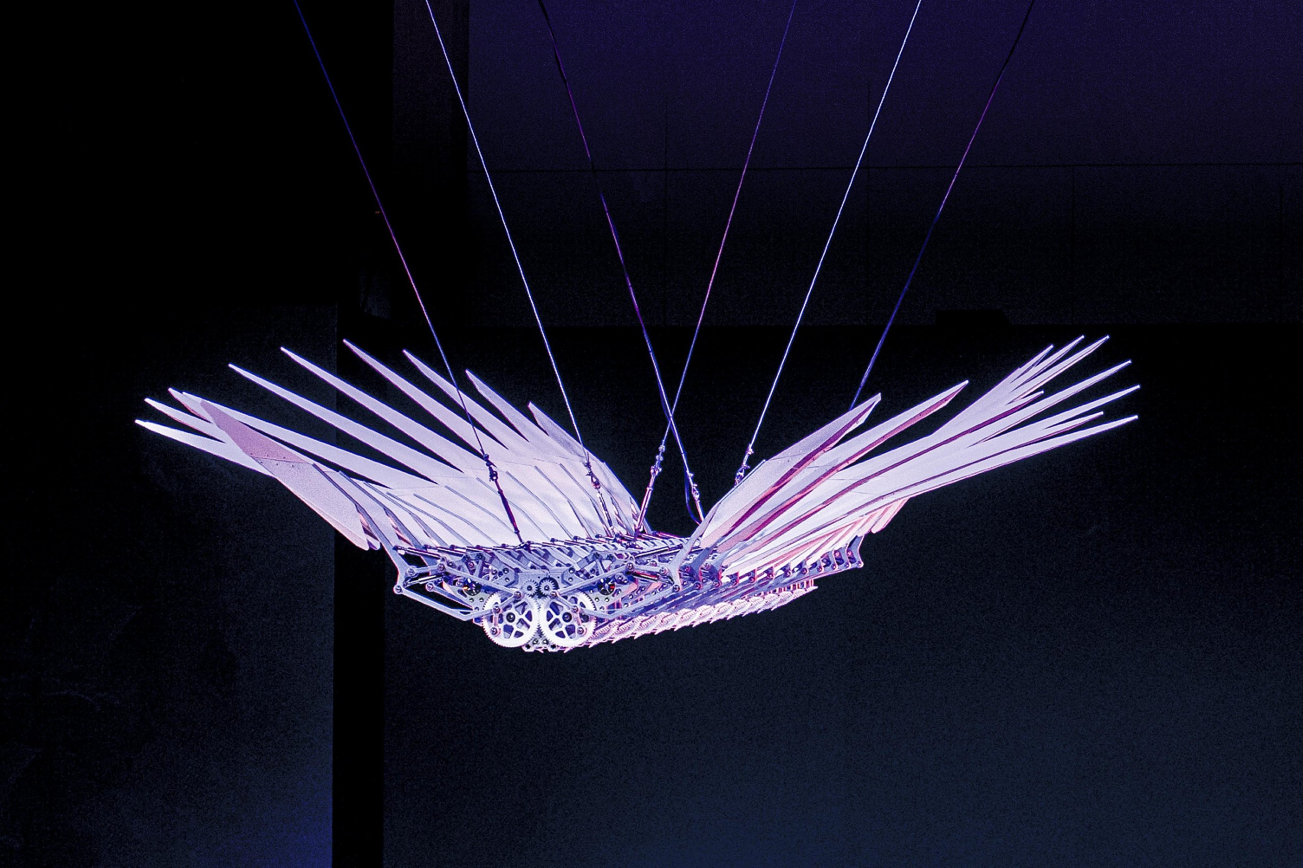 Close-up of the LL60 kinetic sculpture's white wing-like elements illuminated with purple light against a dark background