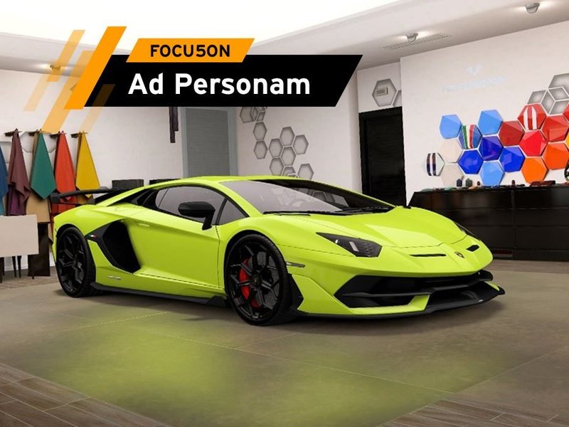 Lime green Lamborghini Aventador SVJ displayed in the Ad Personam studio showroom